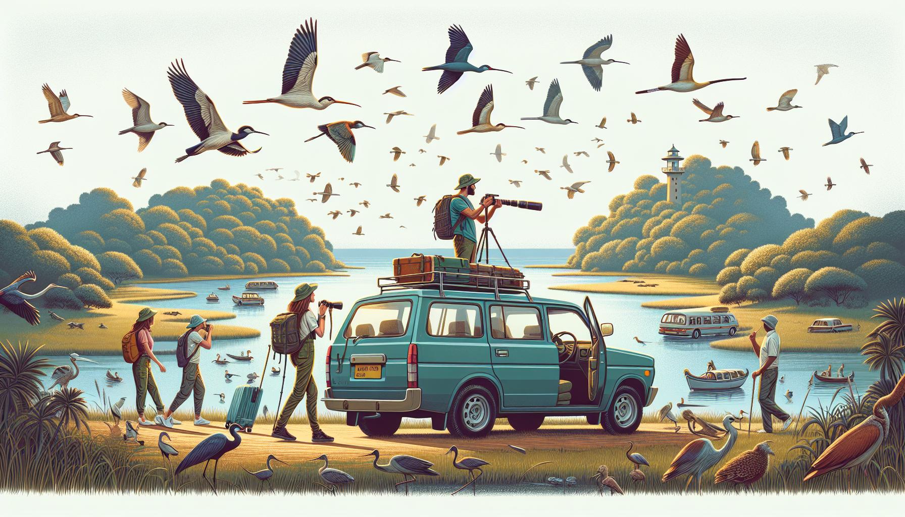 birdwatchers-observing-birds-near-water-with-van-and-lighthouse