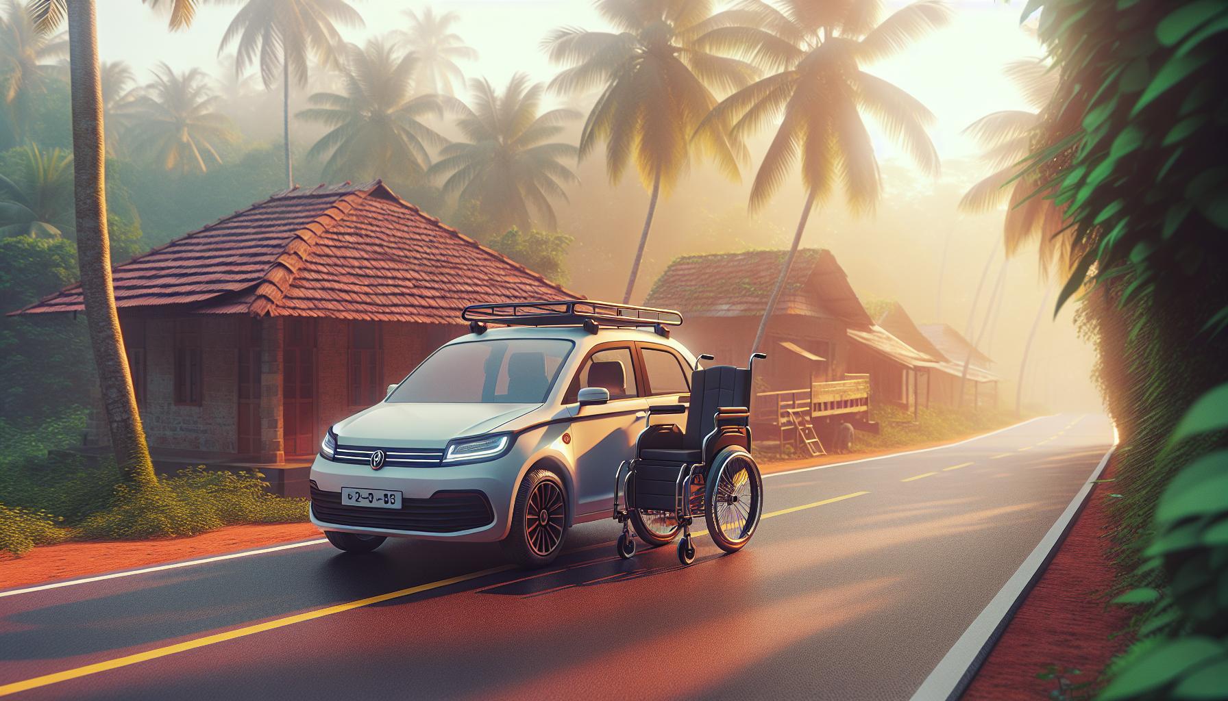 car-and-wheelchair-on-road-near-houses-in-tropical-setting