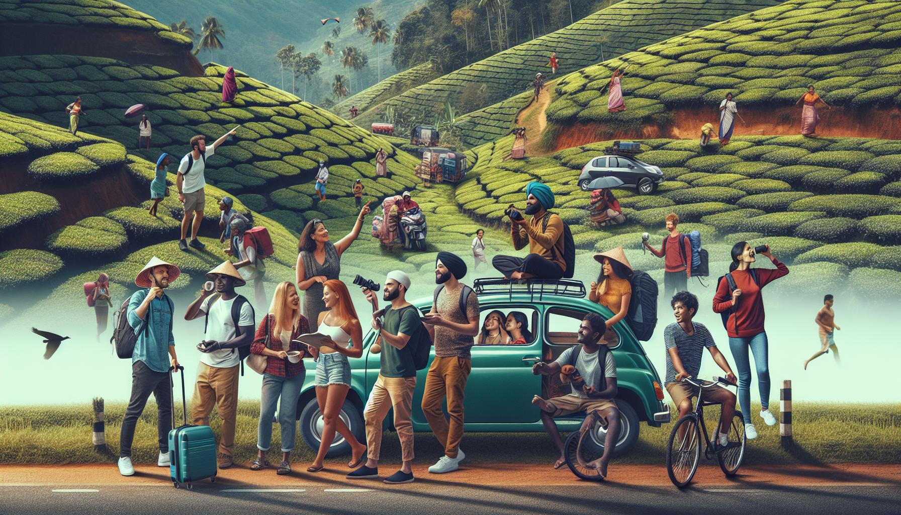 diverse group of people exploring lush tea gardens and rolling hills