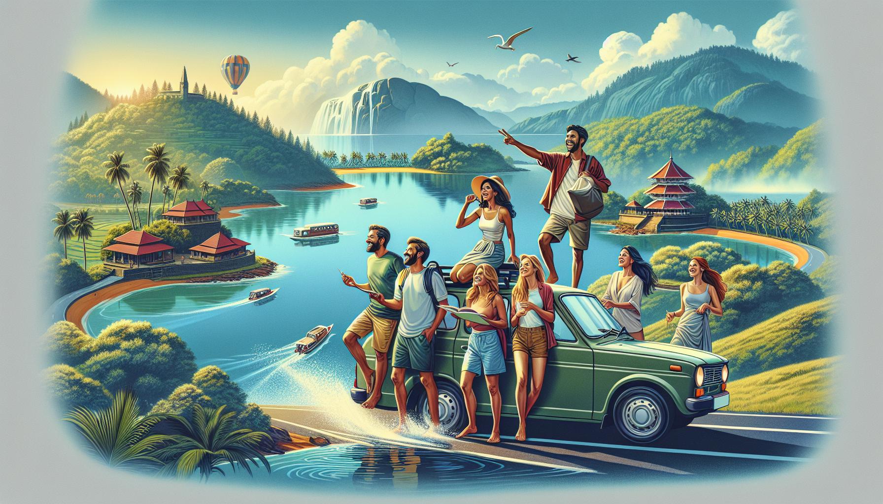 friends enjoying a scenic road trip by the lake with mountains and boats