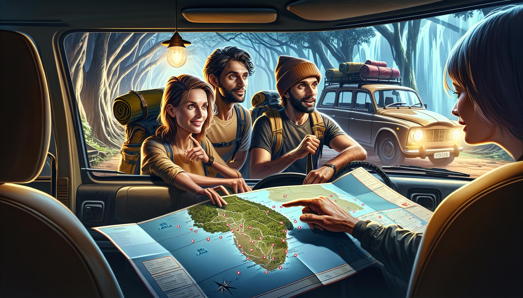 friends planning an adventure trip with a map in a car