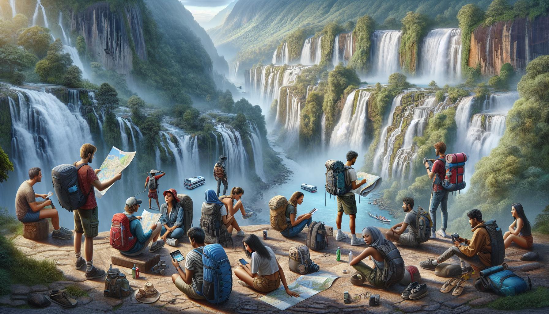 hikers-gathered-near-waterfalls-studying-maps-and-planning-trip