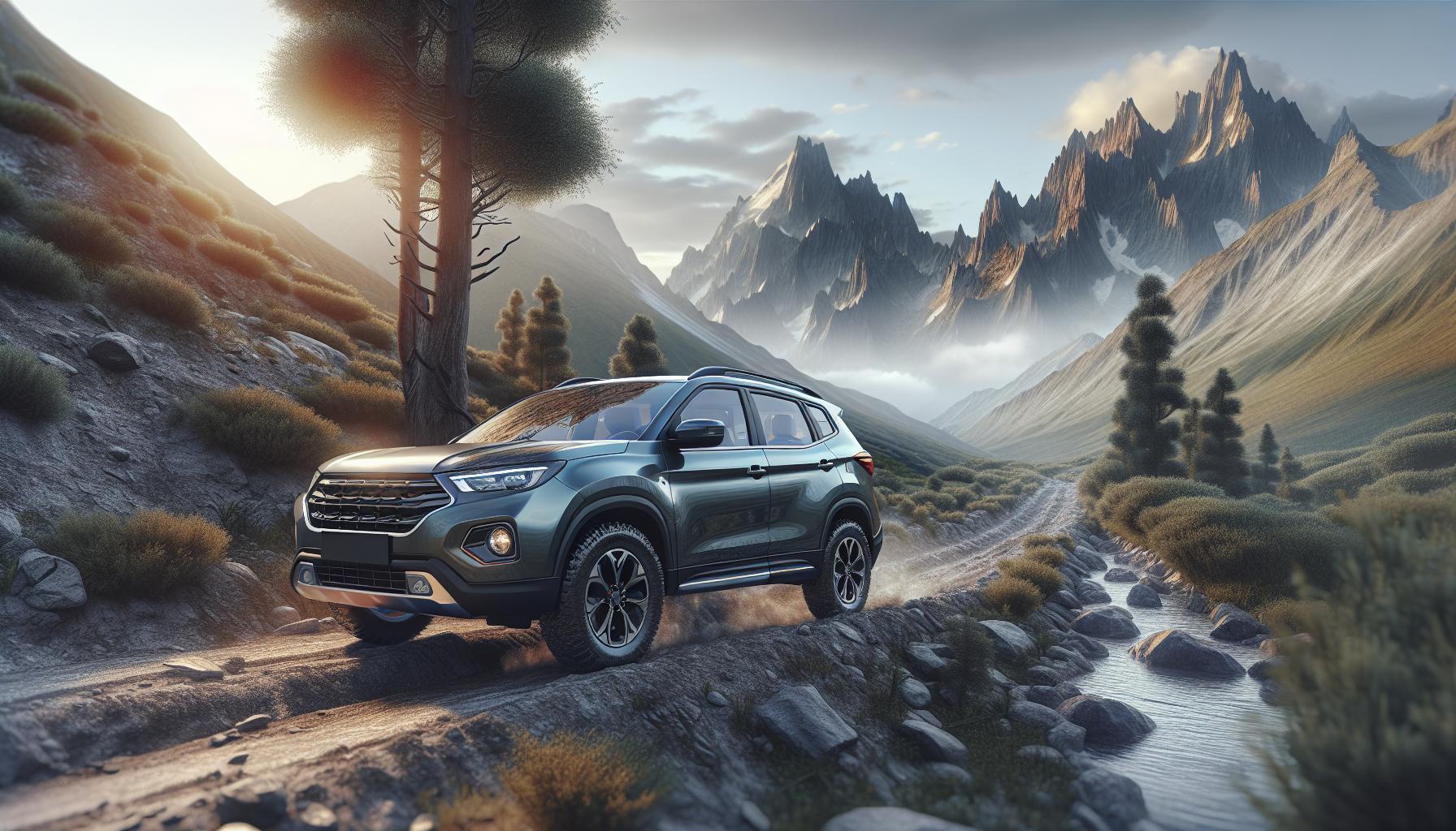 modern SUV on a rugged mountain road with scenic background