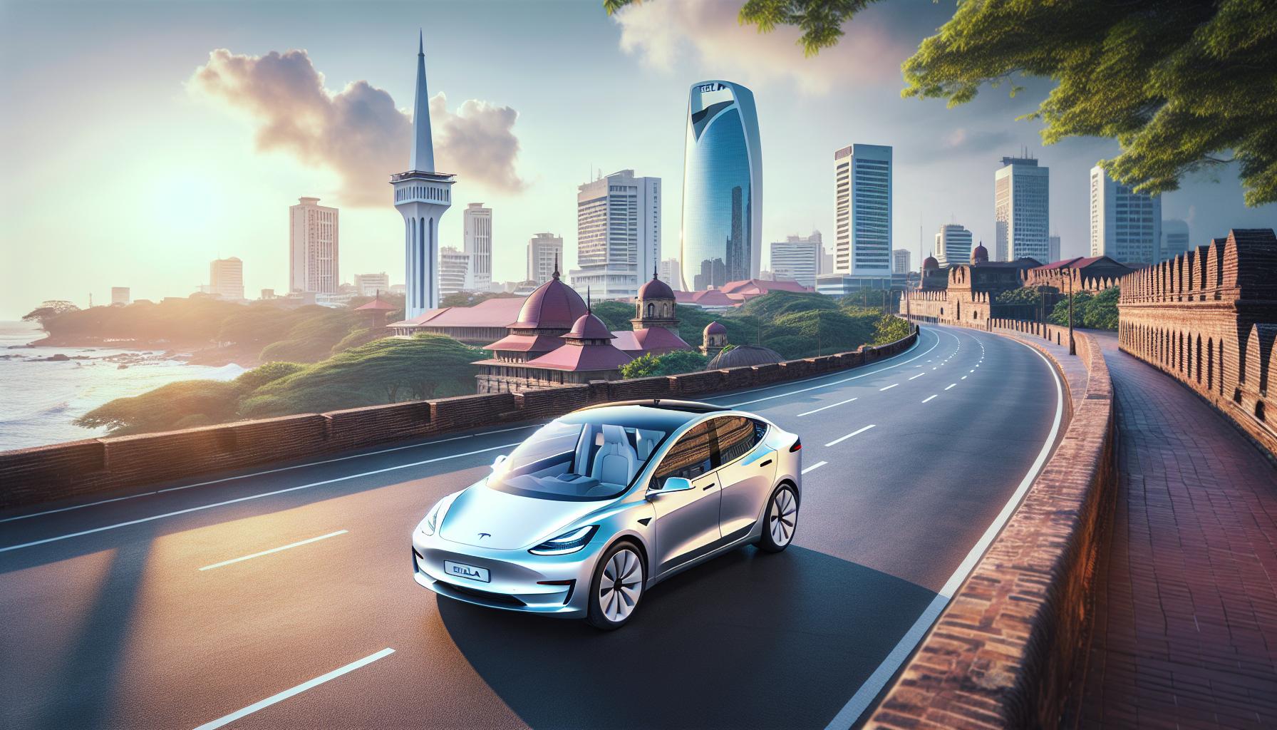 modern electric car driving along a coastal road with city skyline in the background