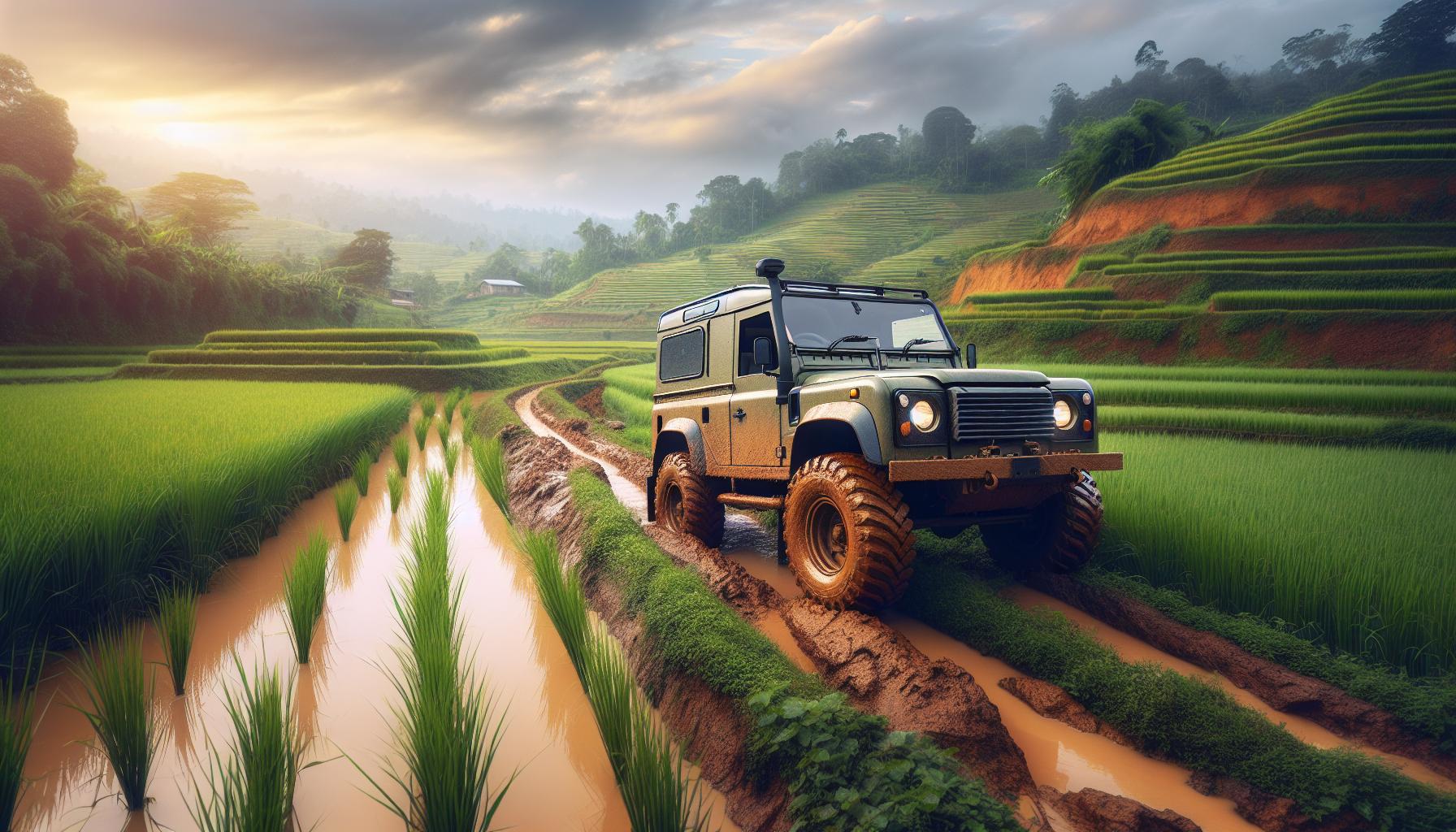 off-road-vehicle-in-rice-fields-at-sunset