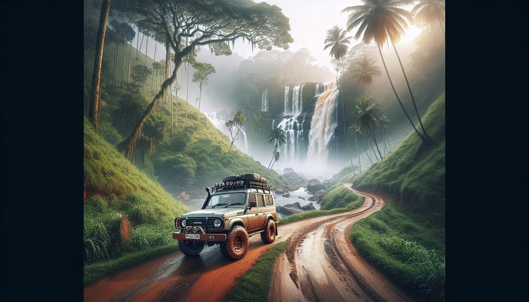 off-road-vehicle-near-waterfall-in-lush-green-landscape