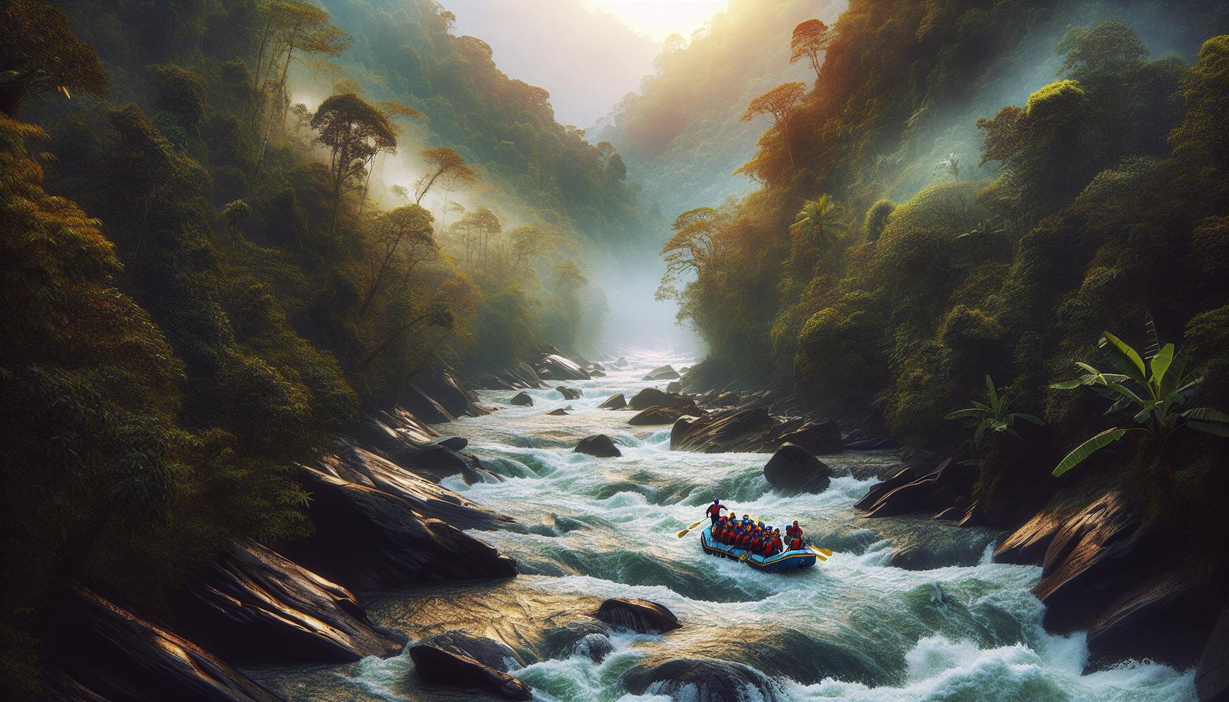 rafting in a misty jungle river surrounded by lush green vegetation