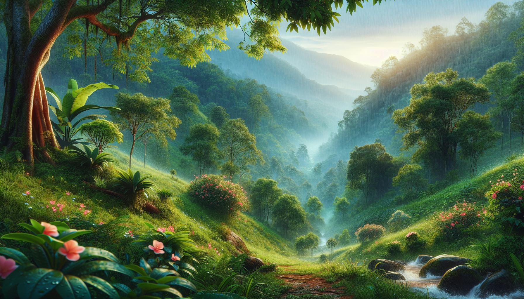 serene-forest-landscape-with-waterfall-and-flowering-plants