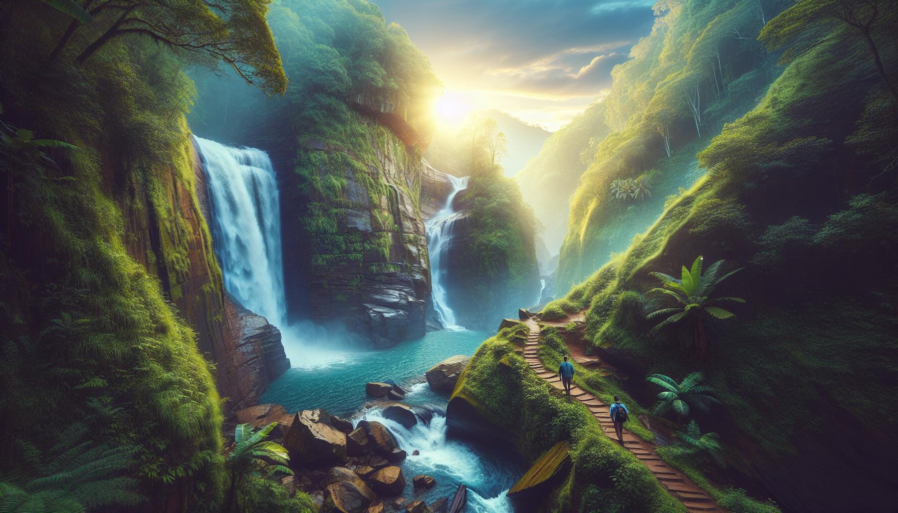 serene-waterfall-landscape-with-hikers-at-sunset