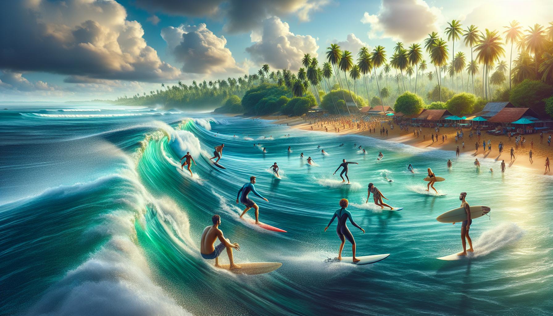 surfers-riding-waves-at-tropical-beach