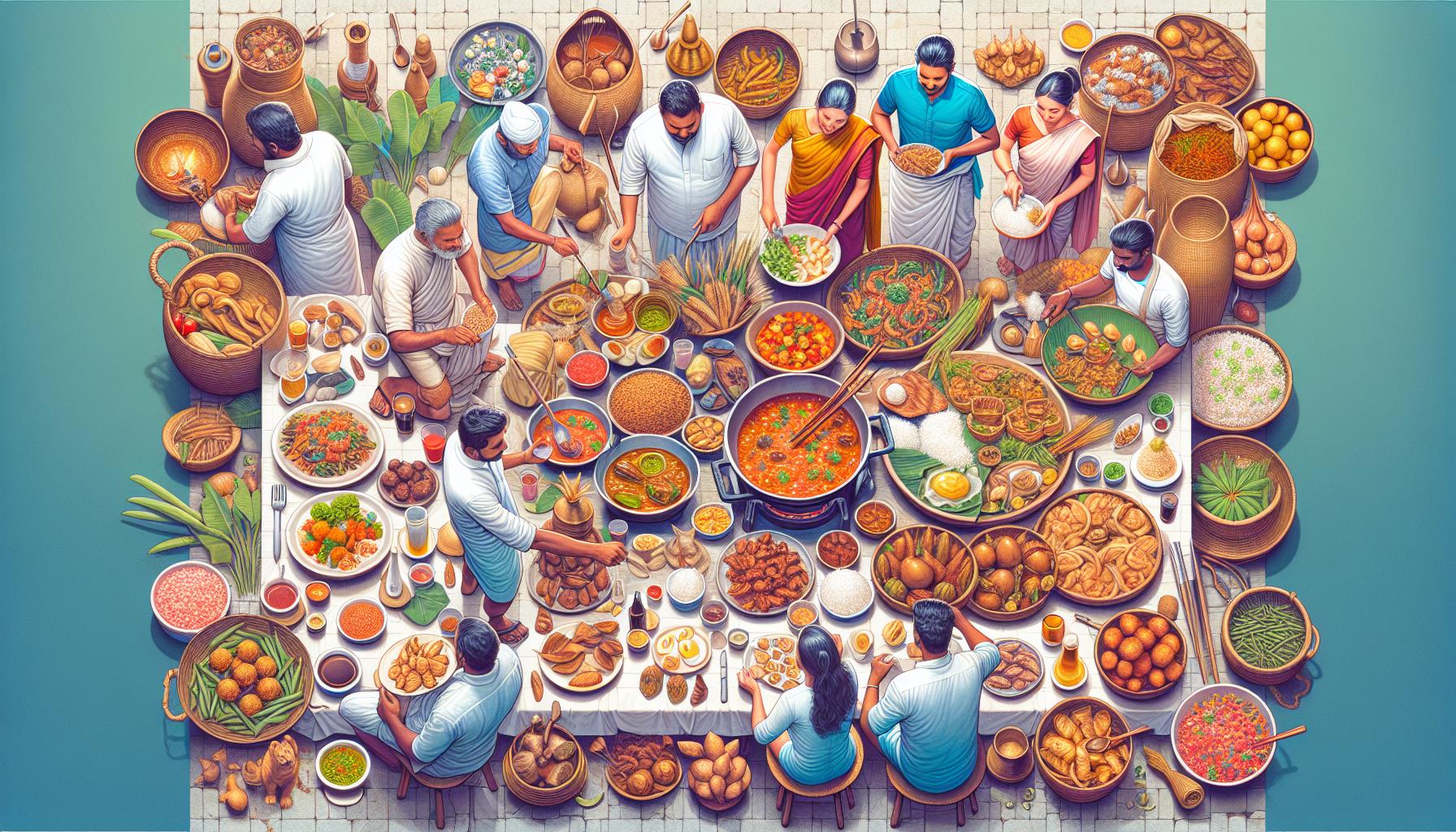 traditional feast with diverse dishes and people gathering around a large table
