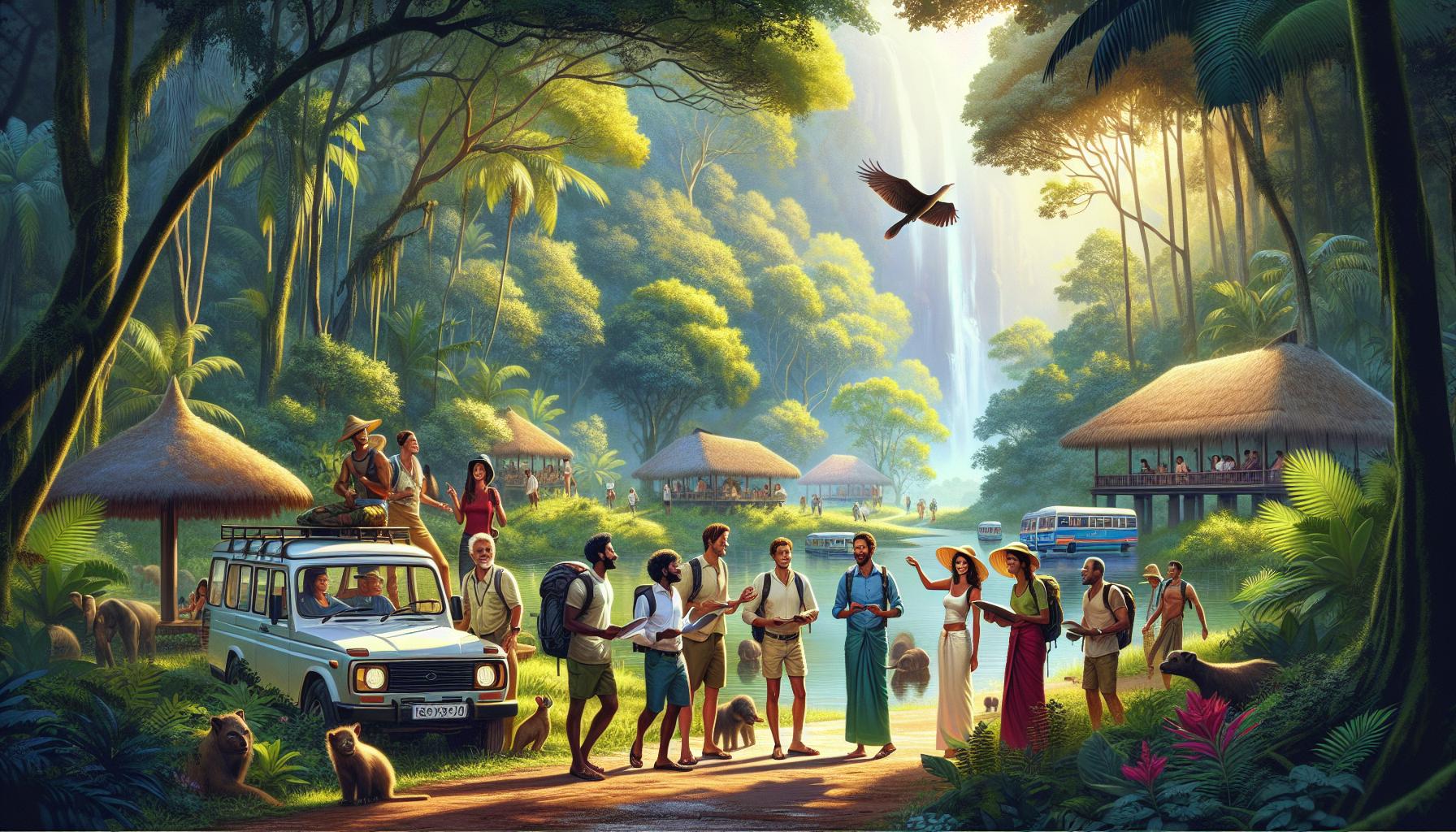 tropical-adventure-group-exploring-with-waterfall-in-background