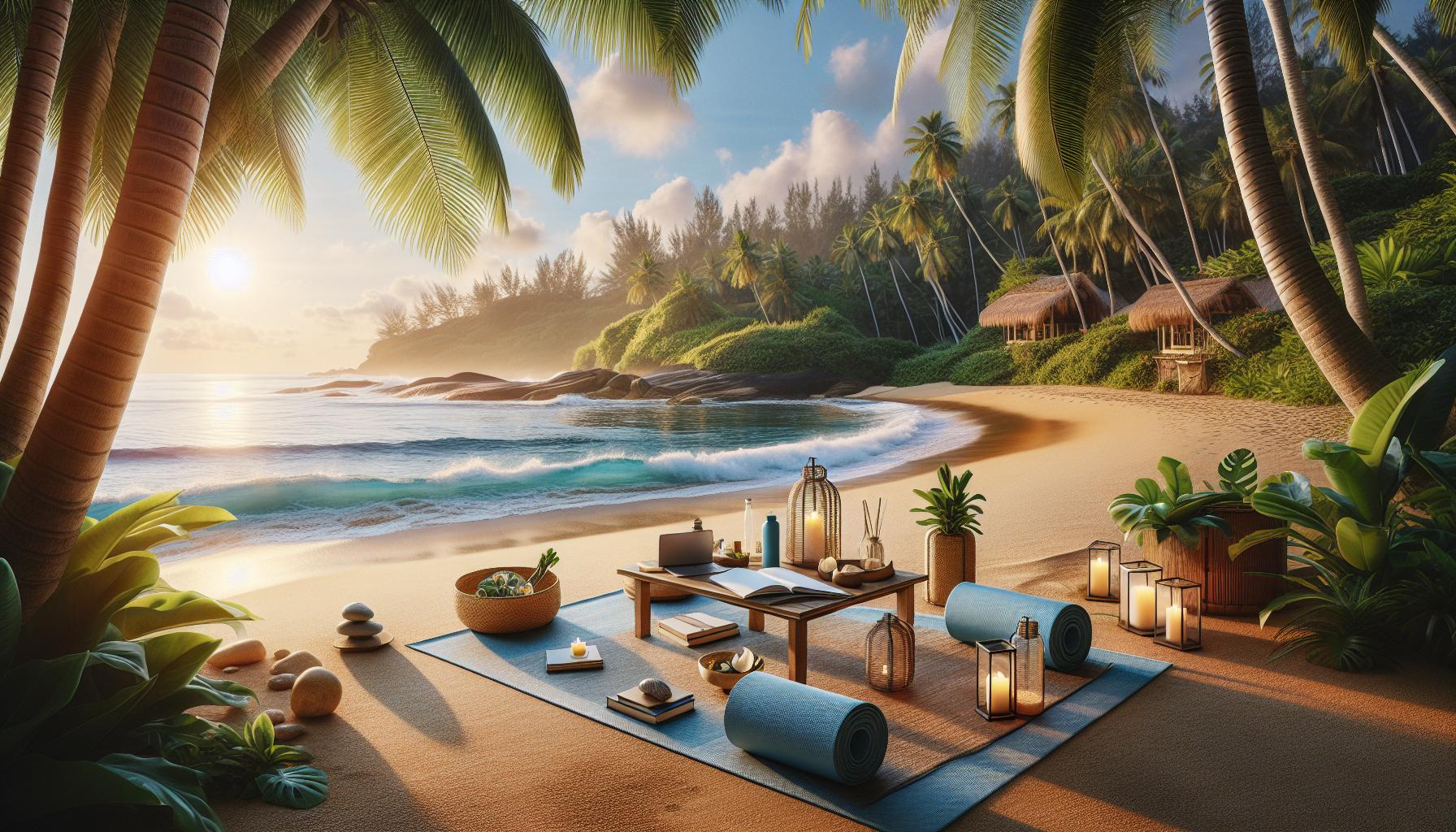 tropical-beach-setup-with-relaxation-items-and-sunset-view