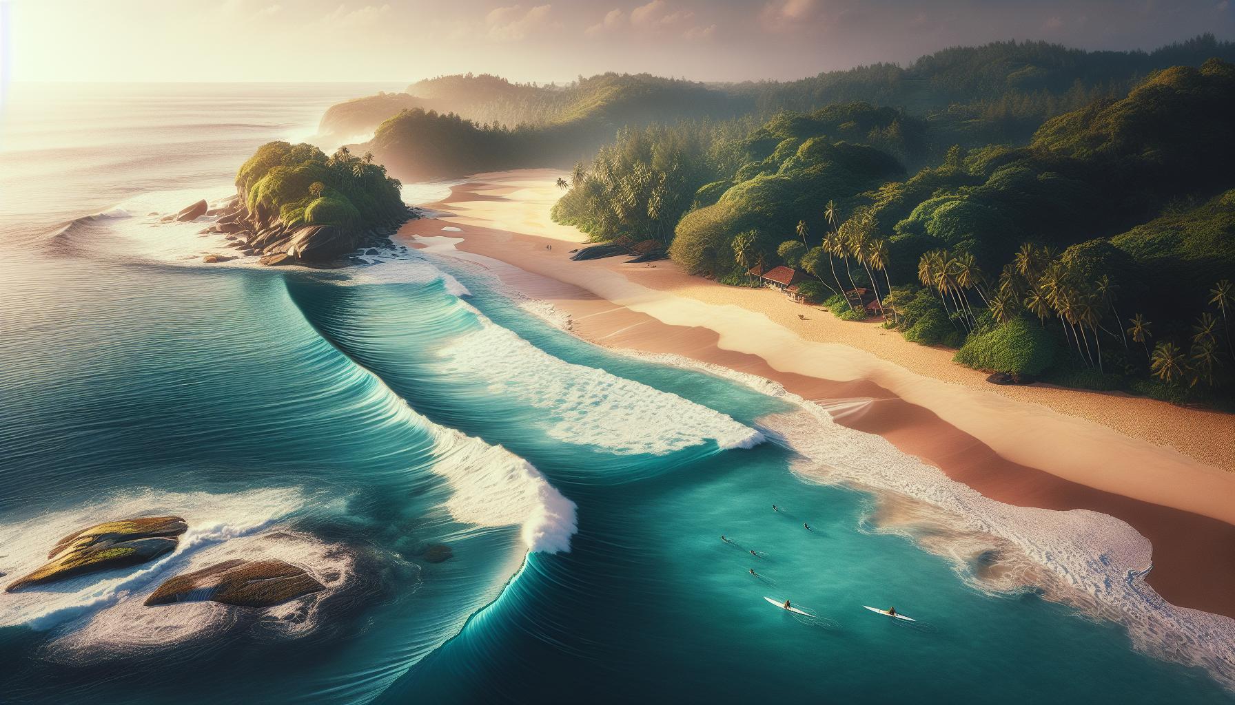 tropical-beach-sunset-wave-surfers-palm-trees