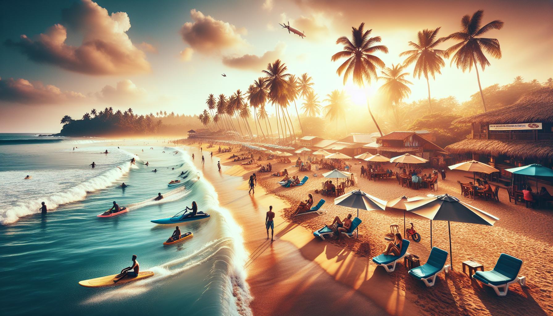 tropical-beach-sunset-with-surfers-and-people-relaxing