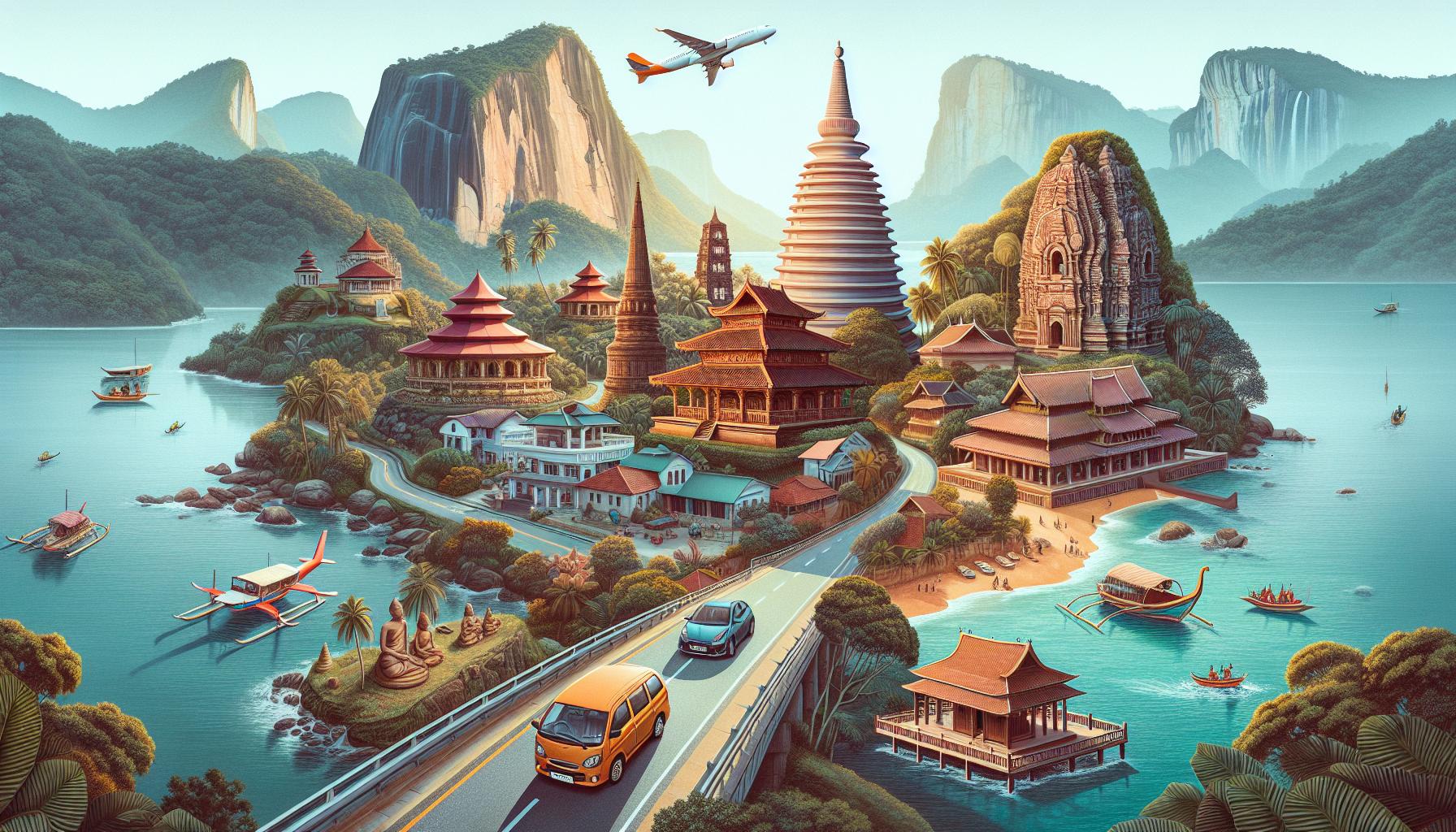 tropical-island-architecture-with-vehicles-and-airplane-in-sky