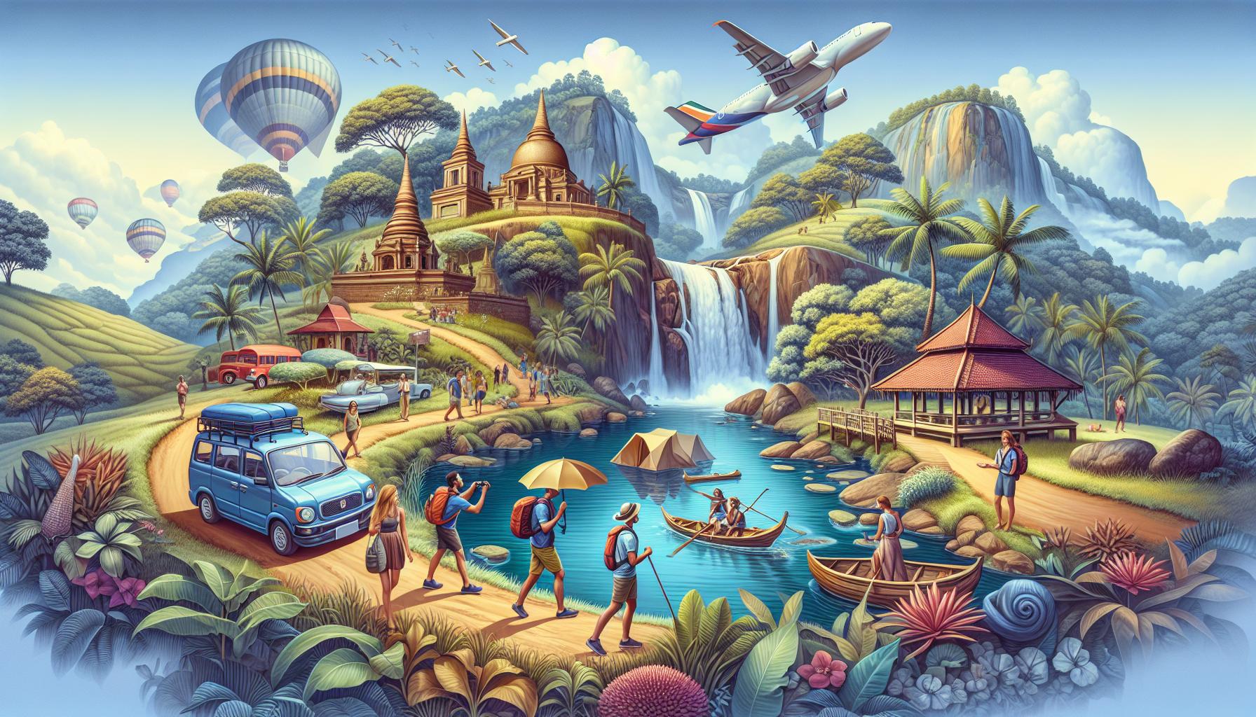 tropical-landscape-with-waterfall-hot-air-balloons-and-tourists