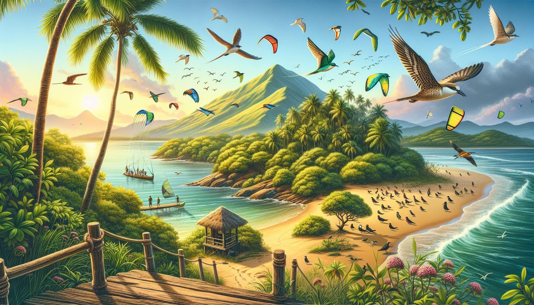 tropical-paradise-beach-sunset-with-kitesurfers-and-birds
