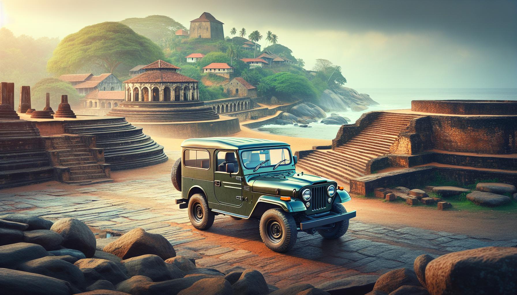 vintage-green-suv-on-coastal-ruins-background
