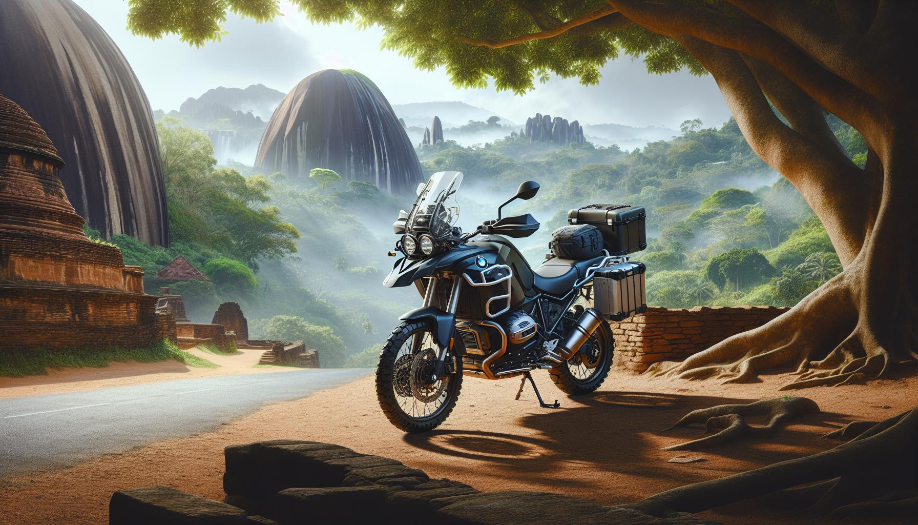 Adventure Motorcycle in Lush Landscape with Ancient Structures