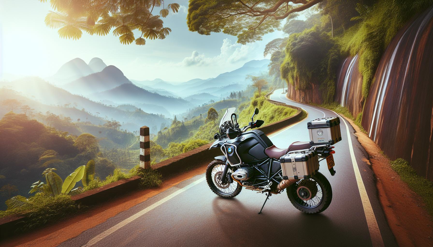 Adventure Motorcycle on Scenic Mountain Road at Sunrise