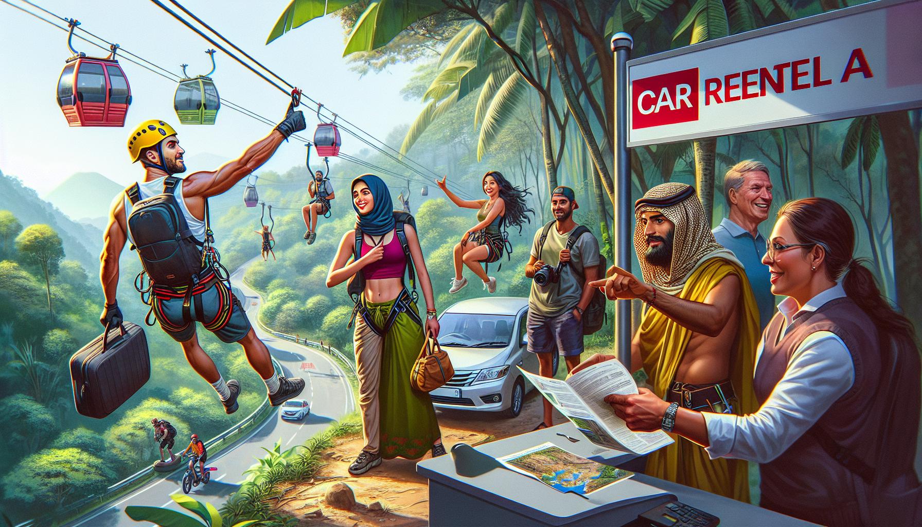 Adventure Tourists at a Cable Car Station in a Tropical Landscape
