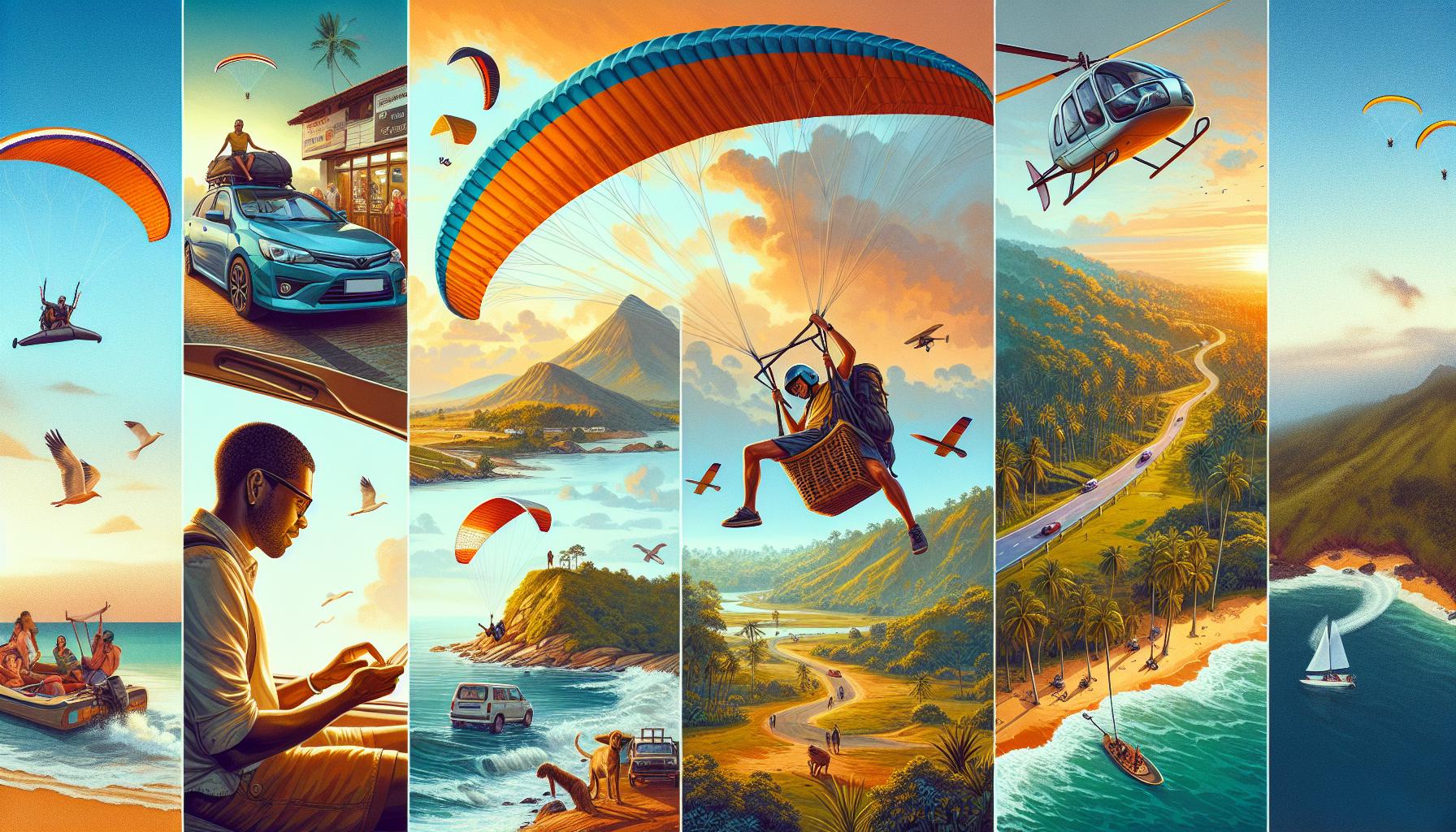 Adventure and Scenic Activities Collage with Paragliding, Driving, and Boating
