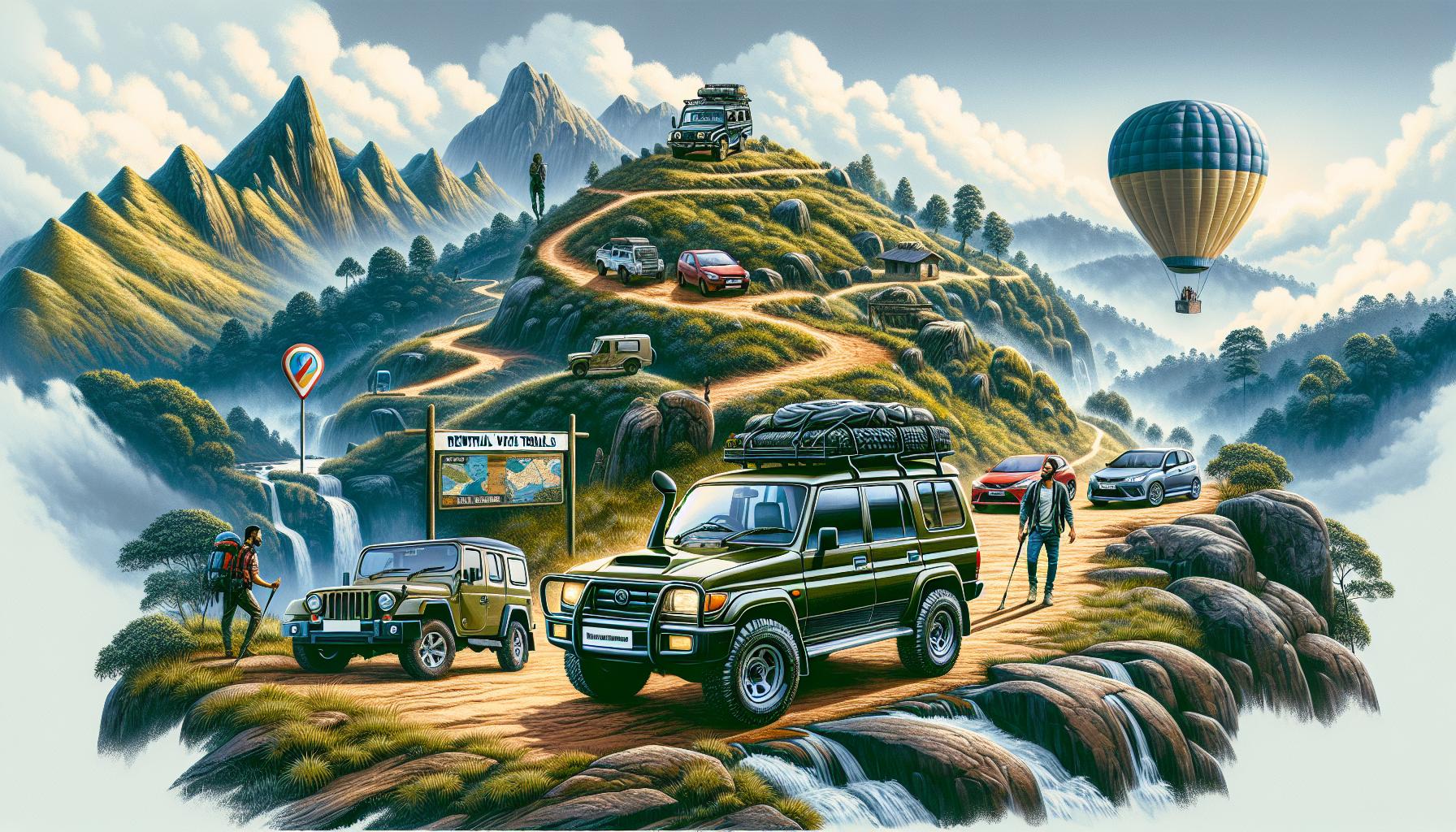 Adventure in the Mountains with Vehicles and Hot Air Balloon