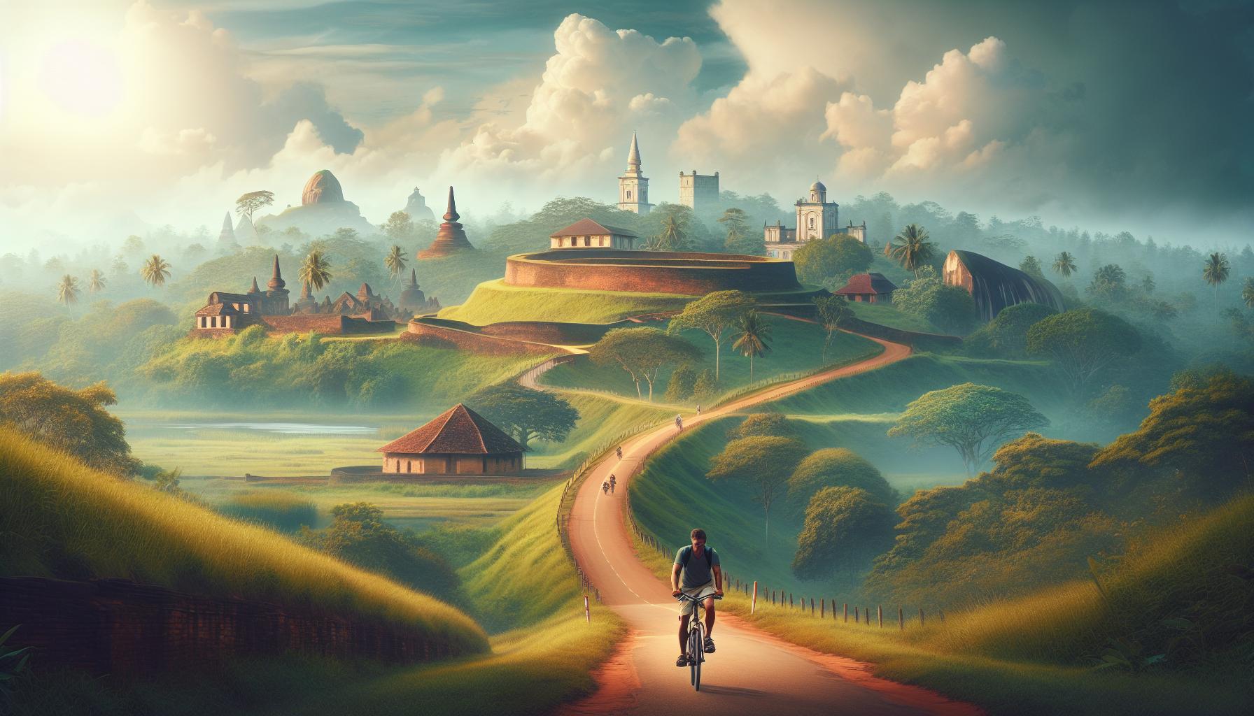 Bicycle journey through serene landscape with ancient structures and rolling hills