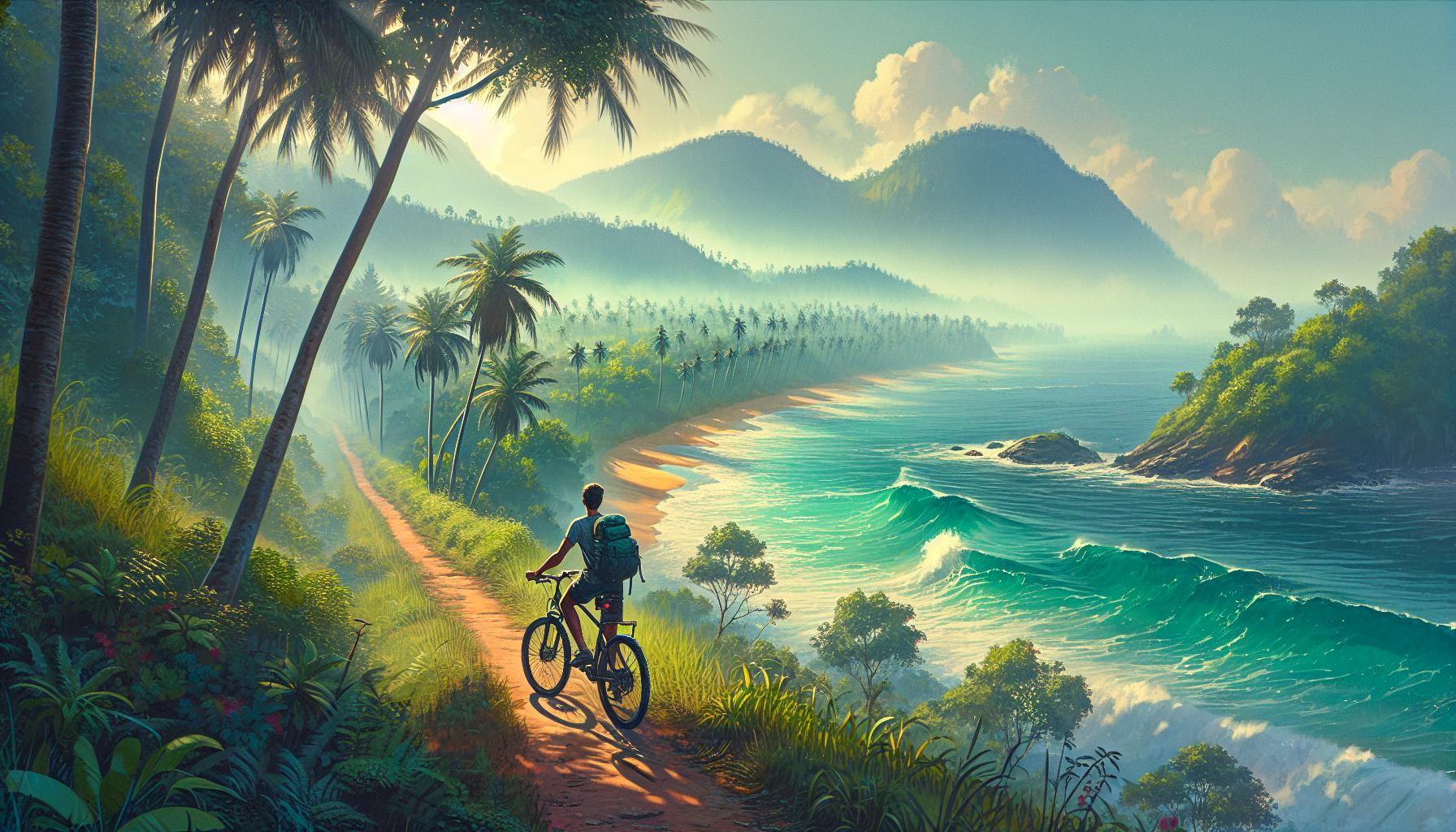 Biking along a tropical coastline with palm trees and waves