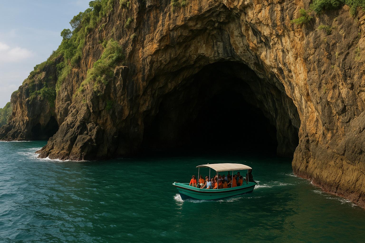 Boat tour near rocky cliffs and cave entrance on a sunny day
