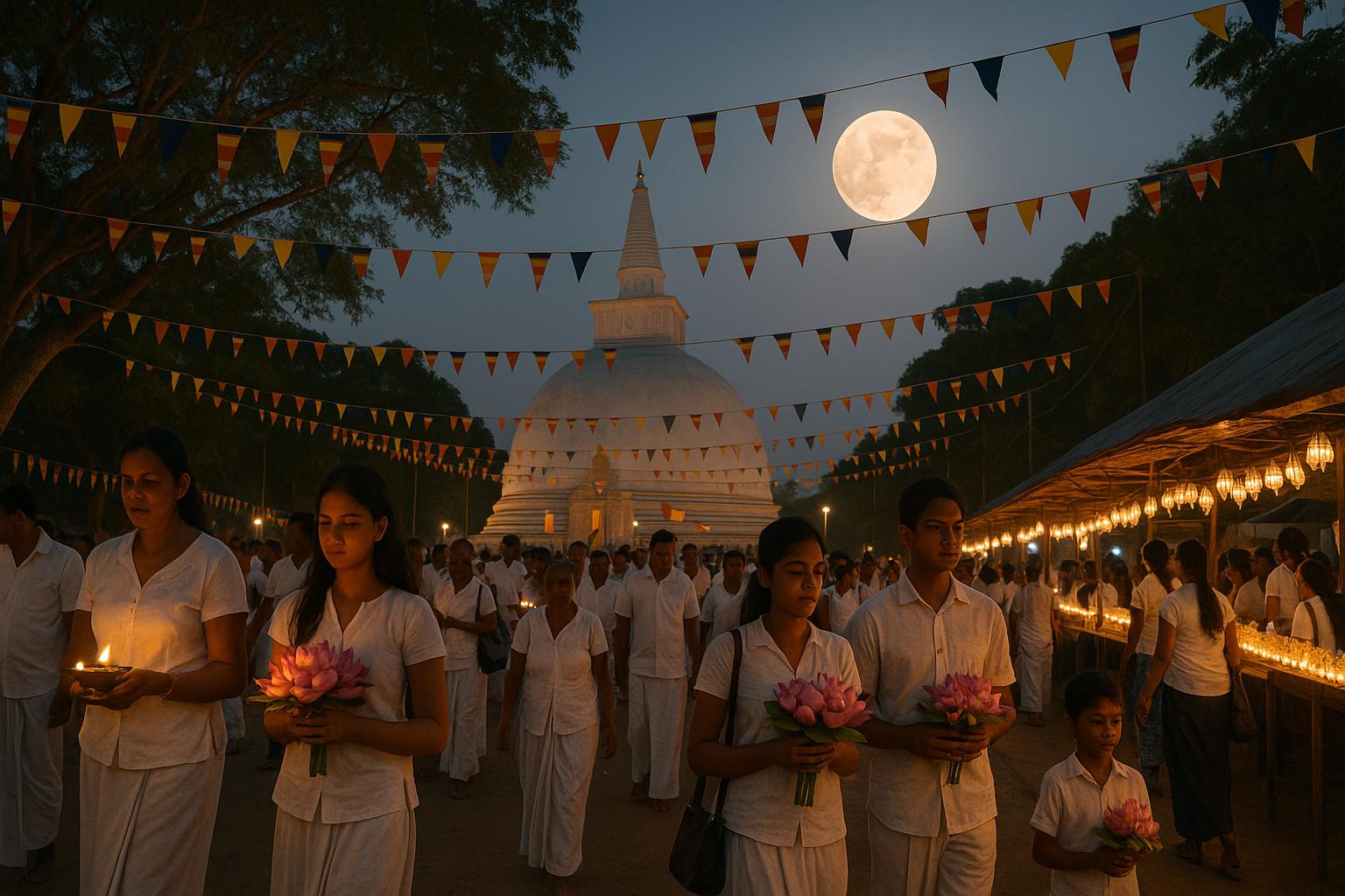 Buddhist ceremony at night with people holding lotus flowers and candles under a full moon