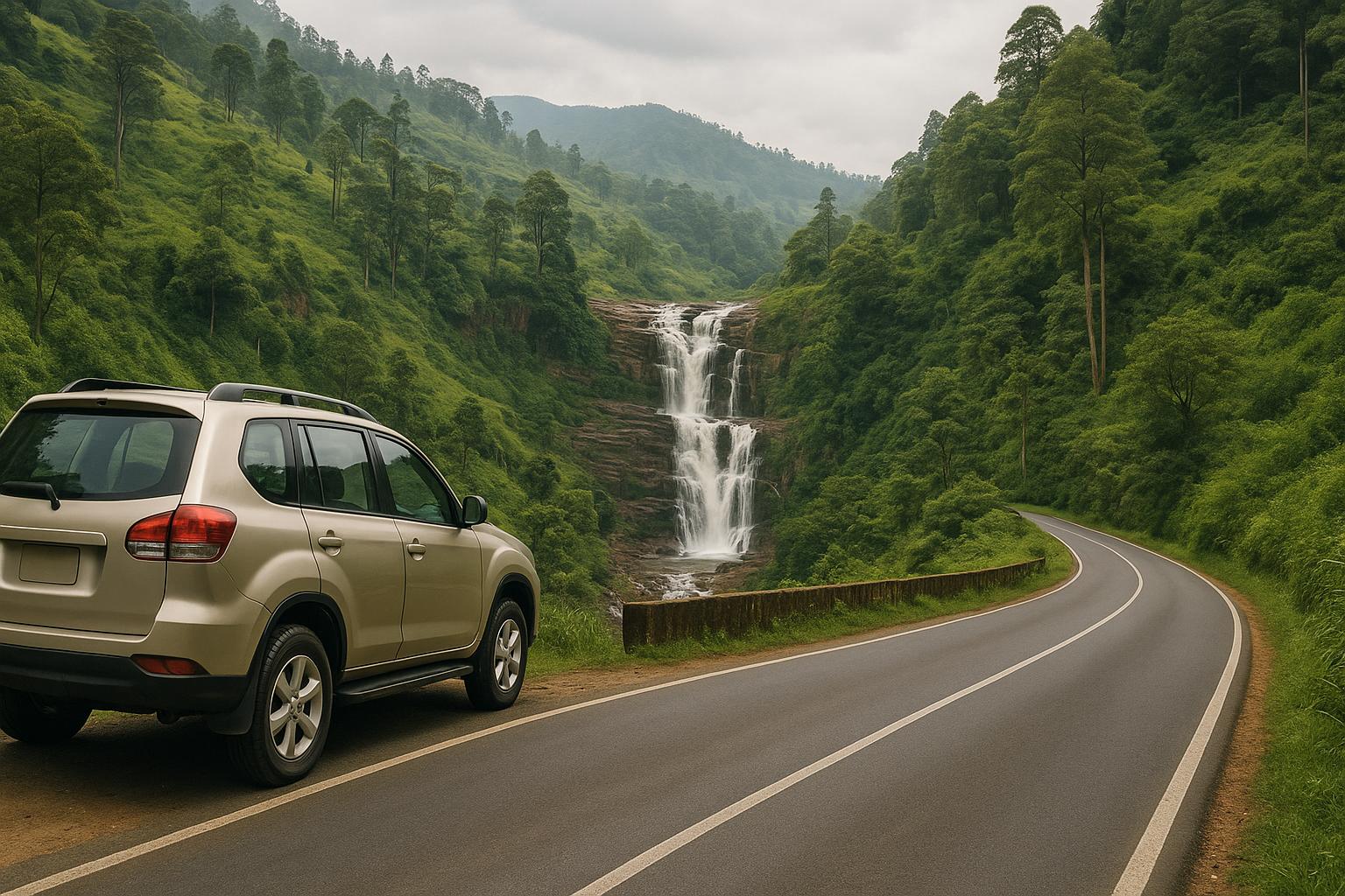 Car parked by a scenic waterfall along a winding road in lush green hills