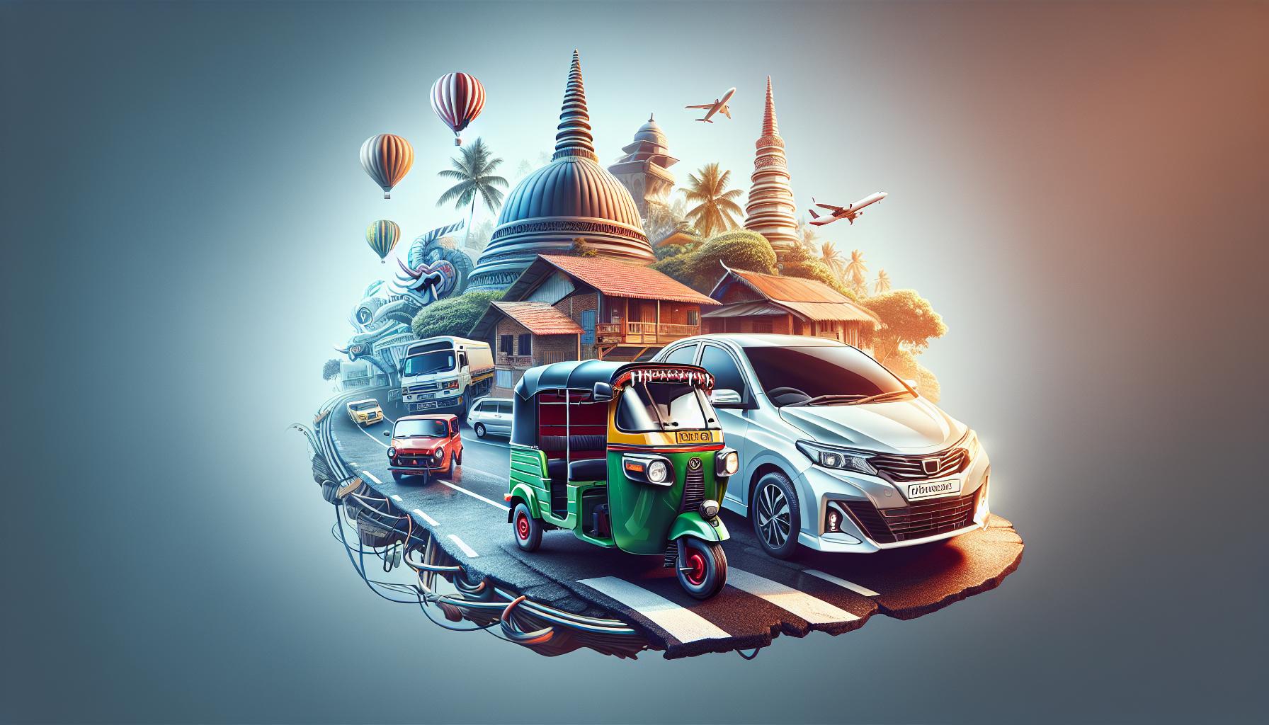 Cityscape with vehicles, hot air balloons, and traditional architecture in a vibrant urban setting