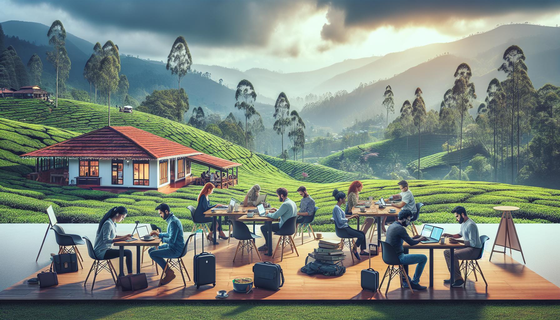 Co-working in a scenic tea plantation surrounded by mountains