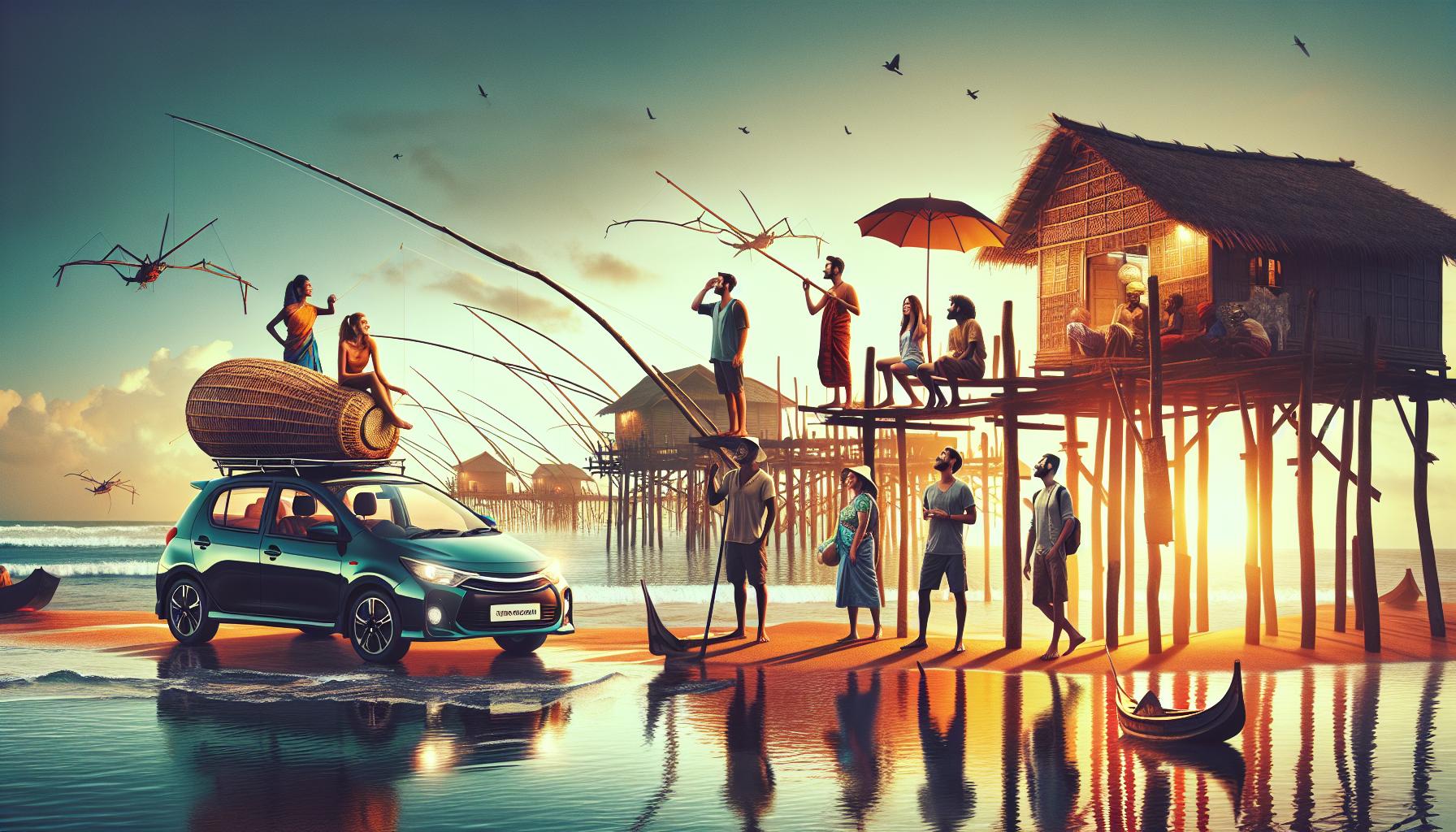 Coastal sunset scene with diverse people, a car, and fishing activities on stilts