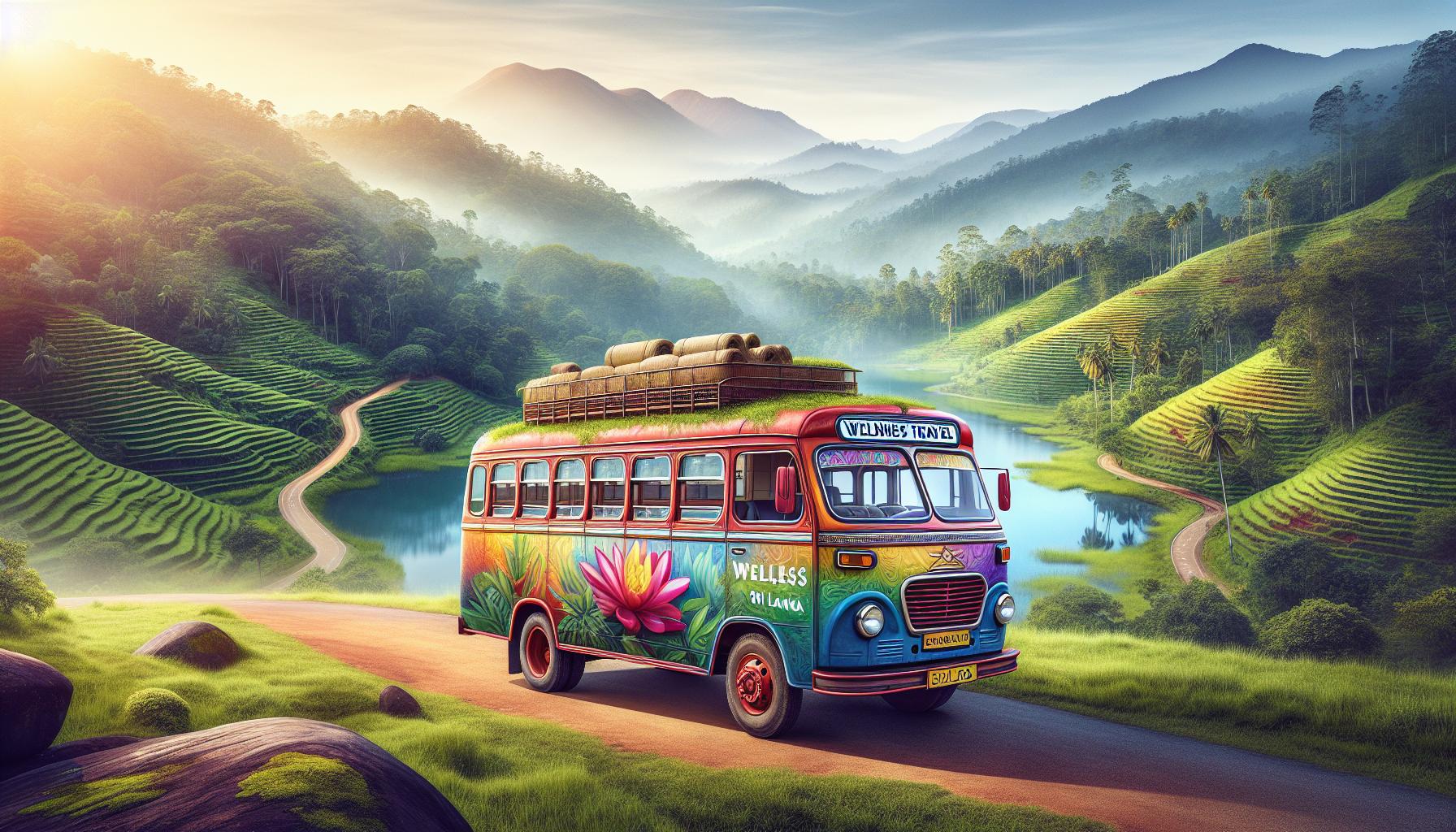 Colorful vintage bus in scenic landscape with mountains and rice terraces