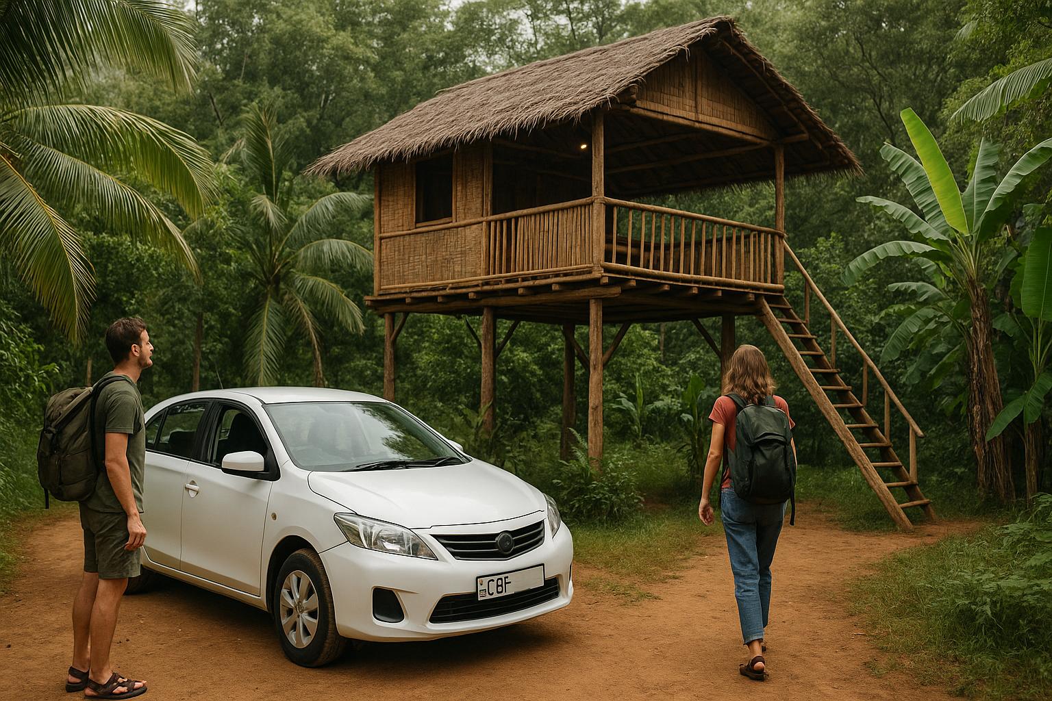 Couple-arriving-at-tropical-bamboo-house-with-car-in-nature