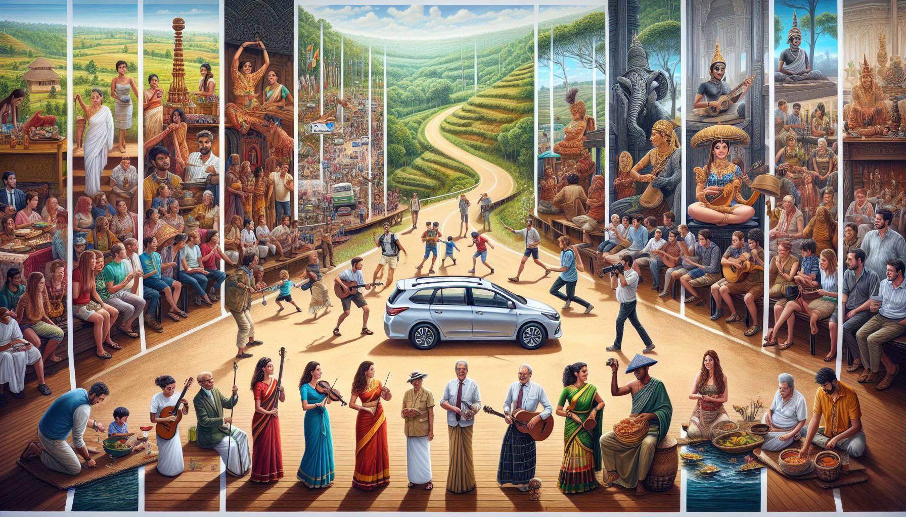 Cultural tapestry with diverse activities, people, and landscapes along a road