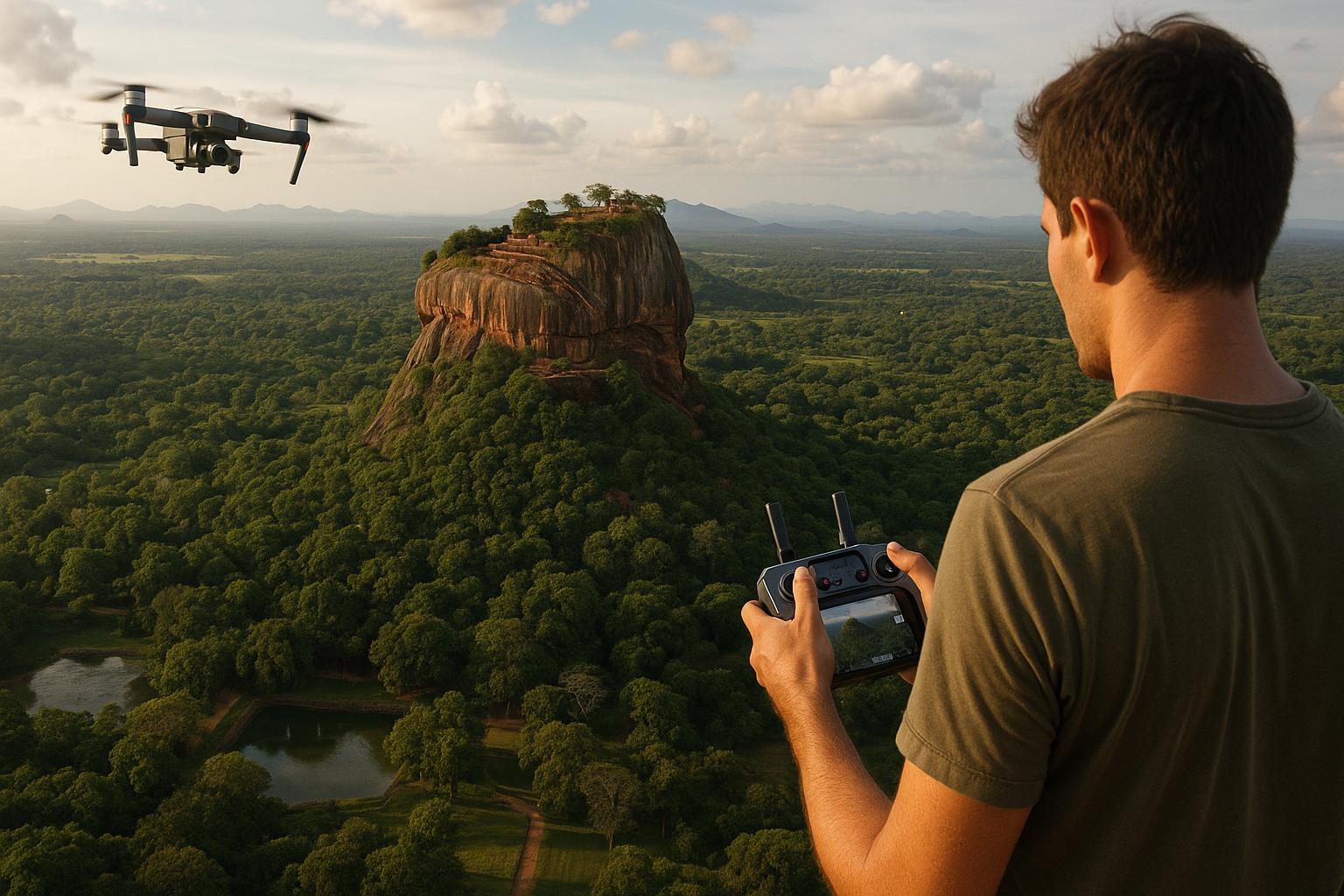 Drone Pilot Flying Over Lush Landscape with Rock Formation