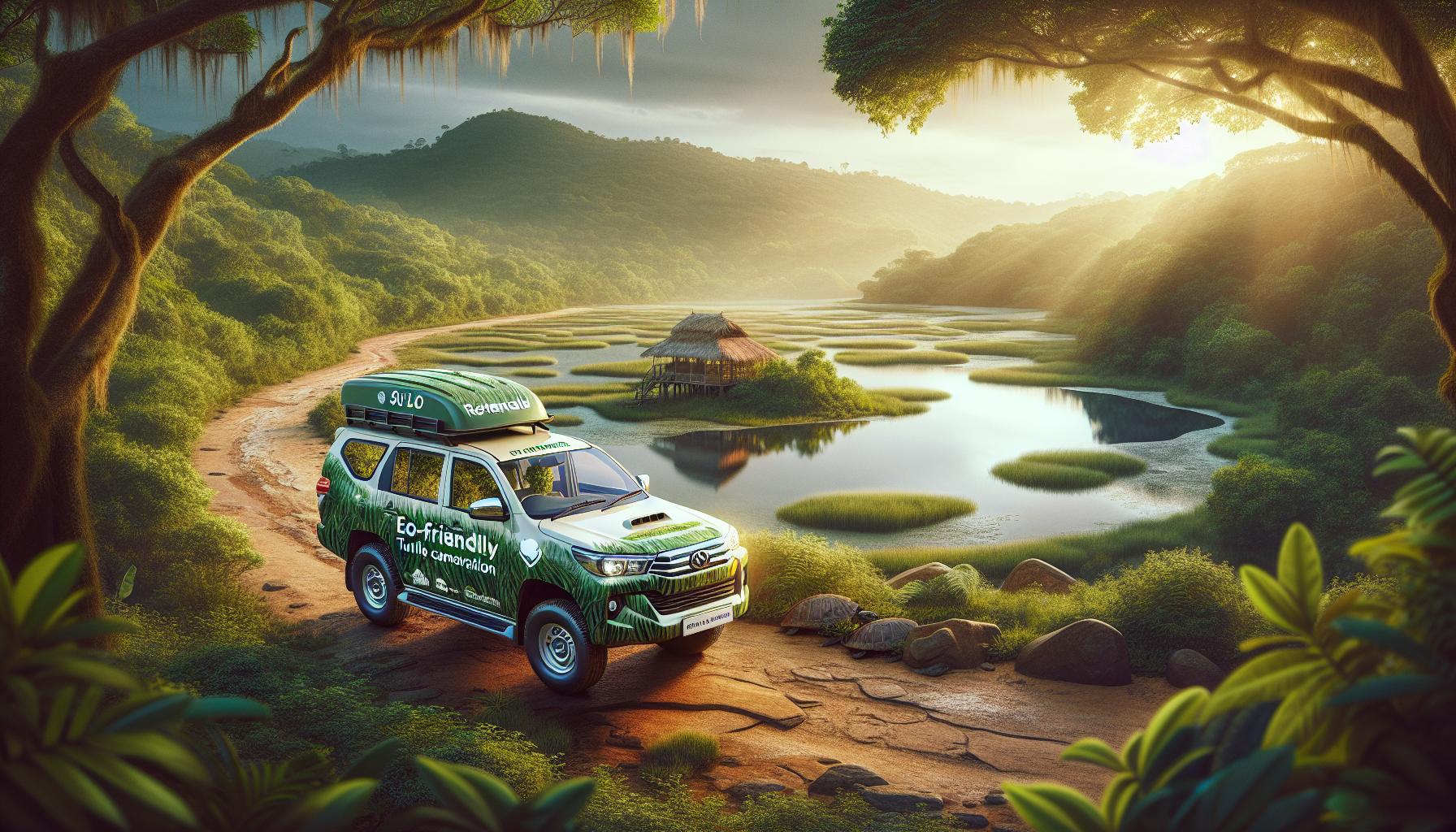 Eco-friendly vehicle in a scenic landscape with a river and turtles