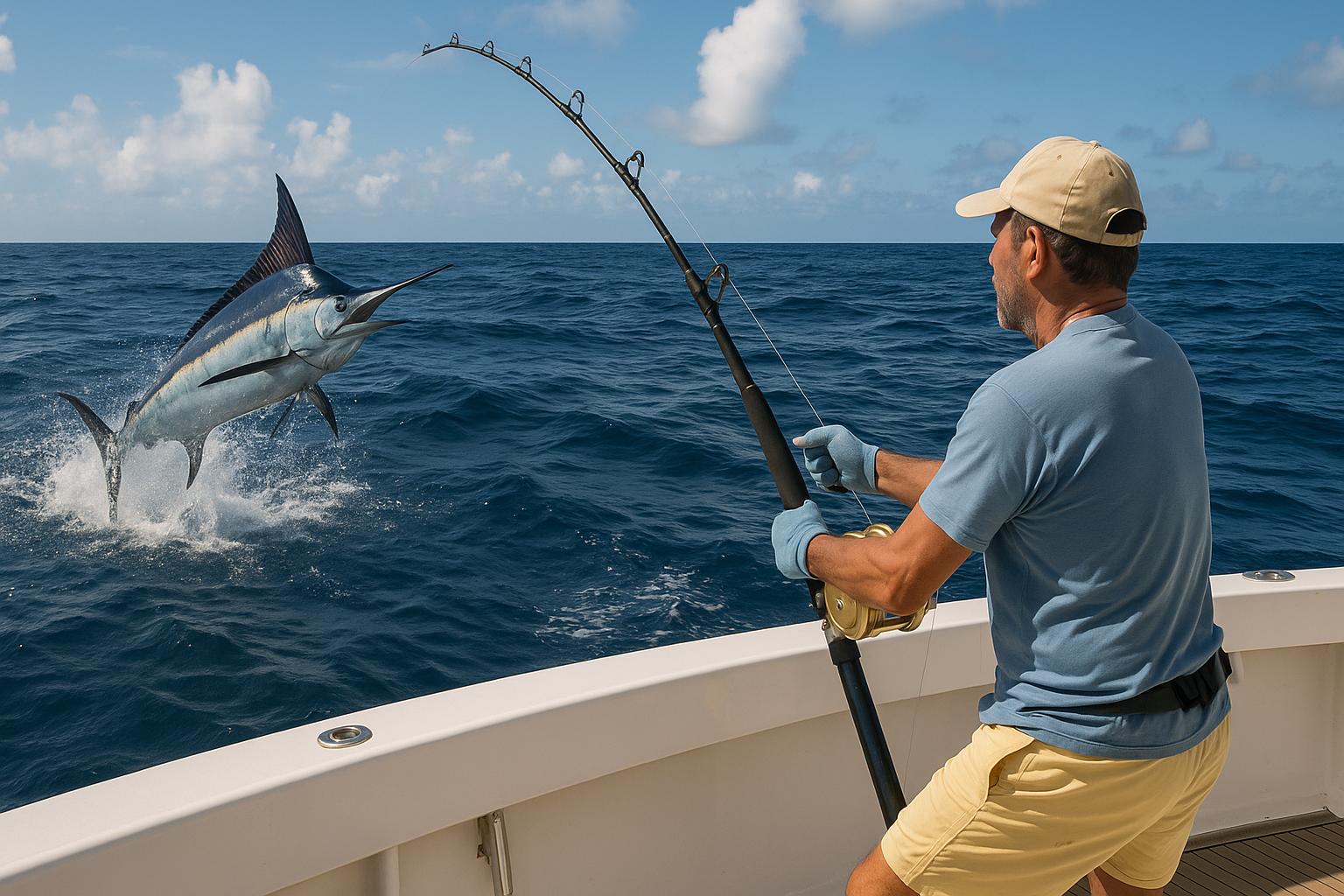 Fisherman reeling in a leaping marlin on the ocean