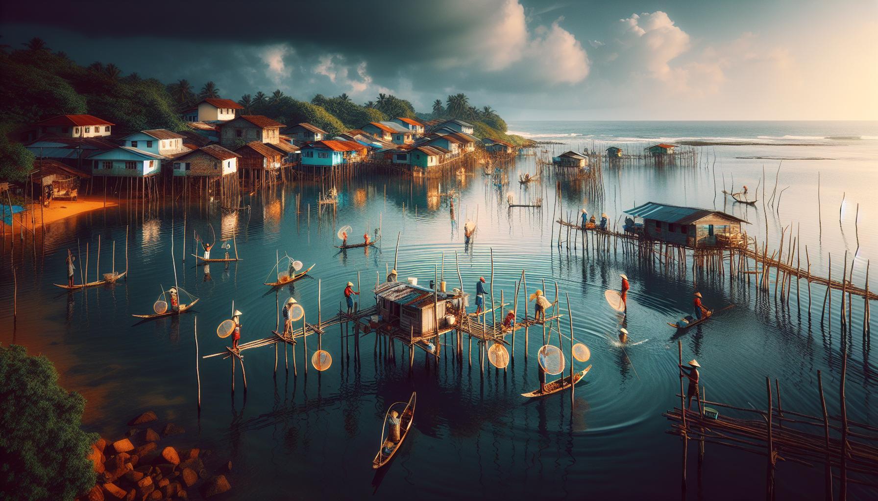 Fishermen and Stilt Houses on Calm Waters at Sunset