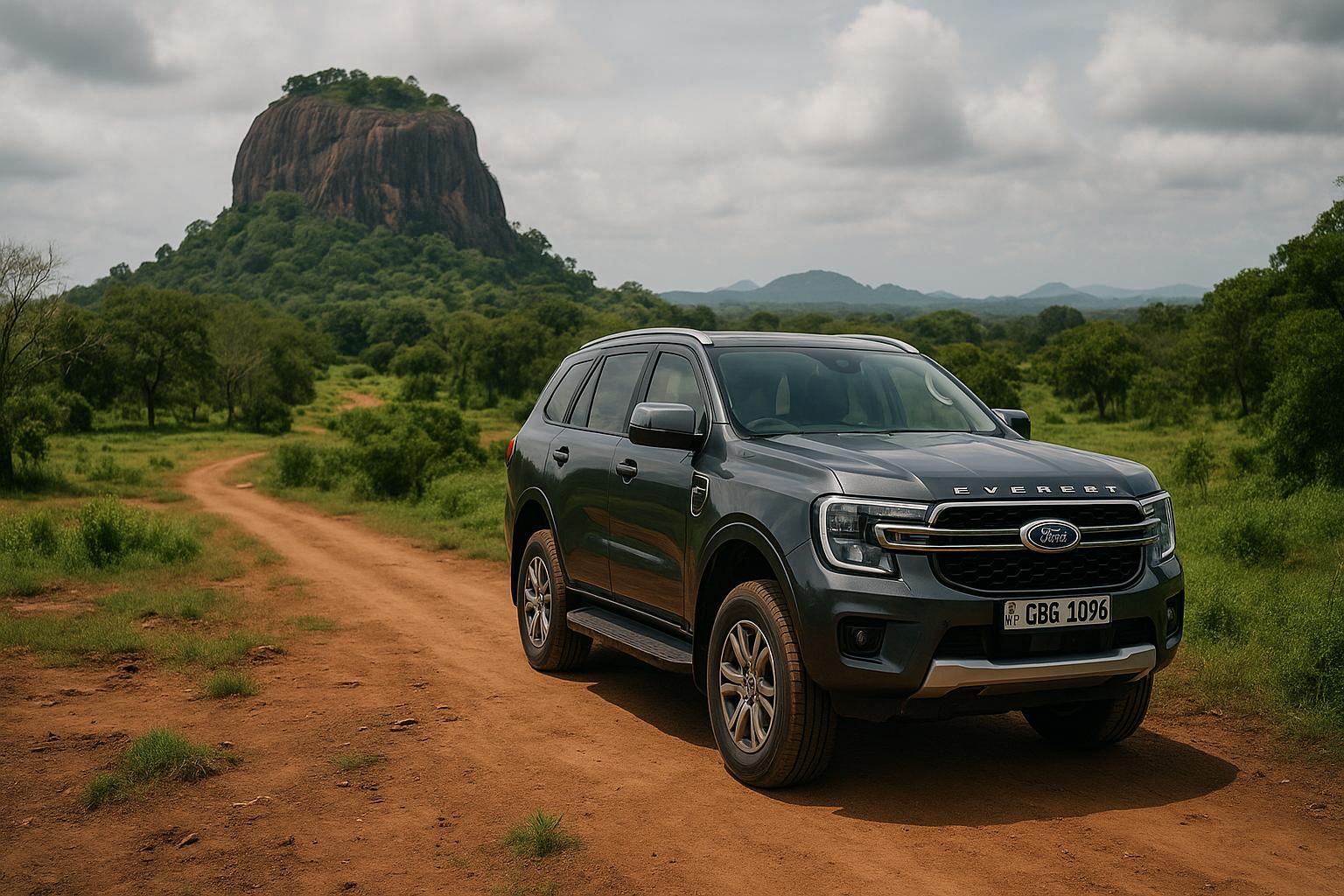 Ford Everest SUV on a dirt road with a rocky hill backdrop in a lush green landscape