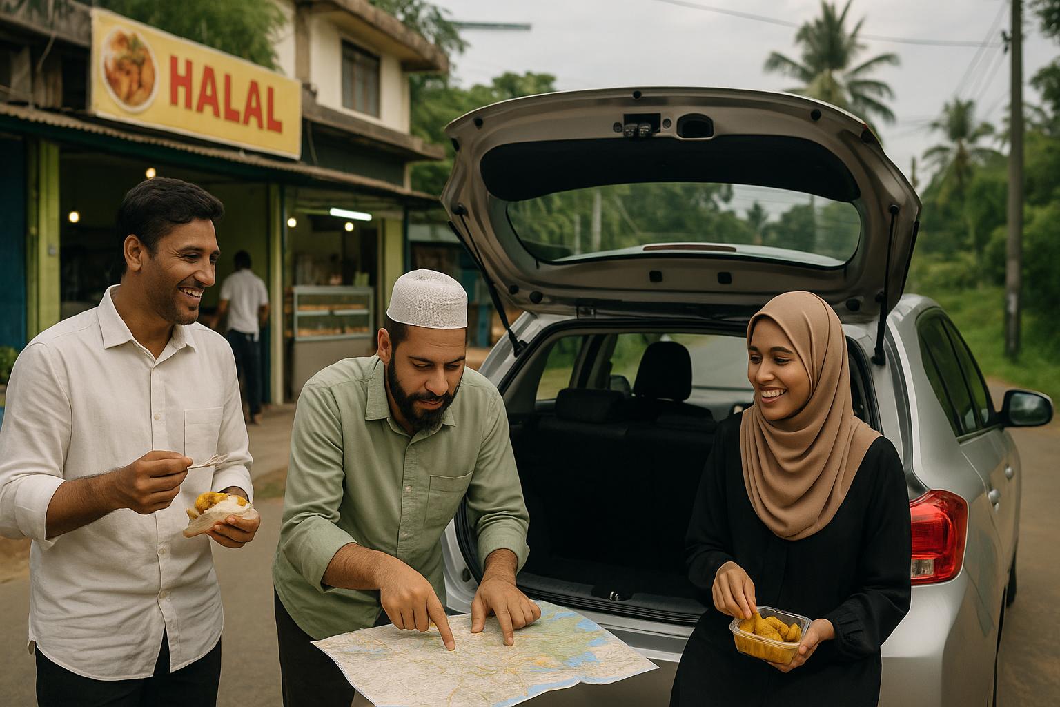 Friends enjoying street food while discussing travel plans at a halal food stall