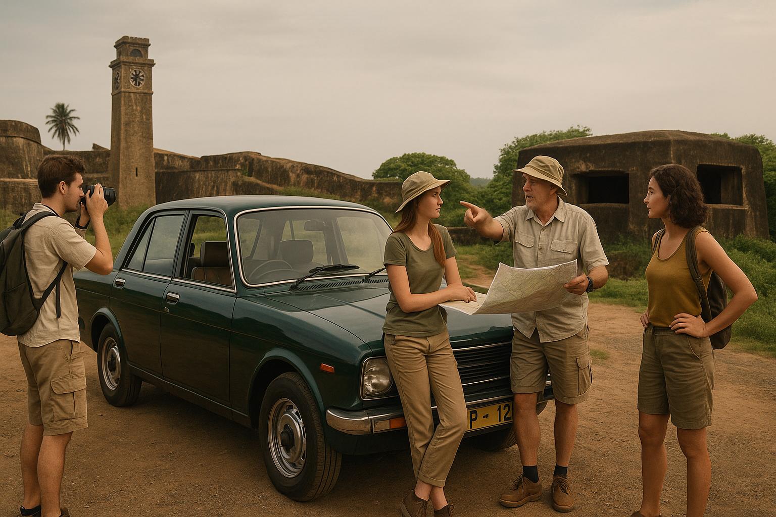 Group of travelers exploring an ancient site with a map and vintage car