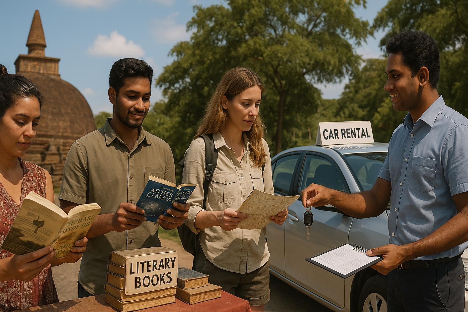 Group of young adults browsing books at a literary stand while a car rental agent assists in the background