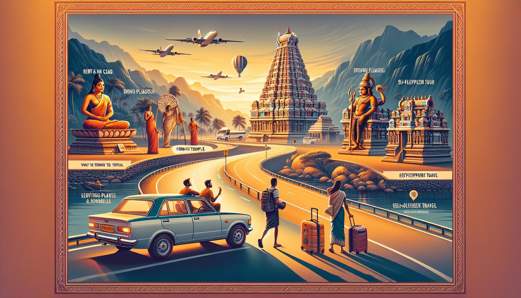 Indian Temple Travel Illustration with Scenic Road and Cultural Elements