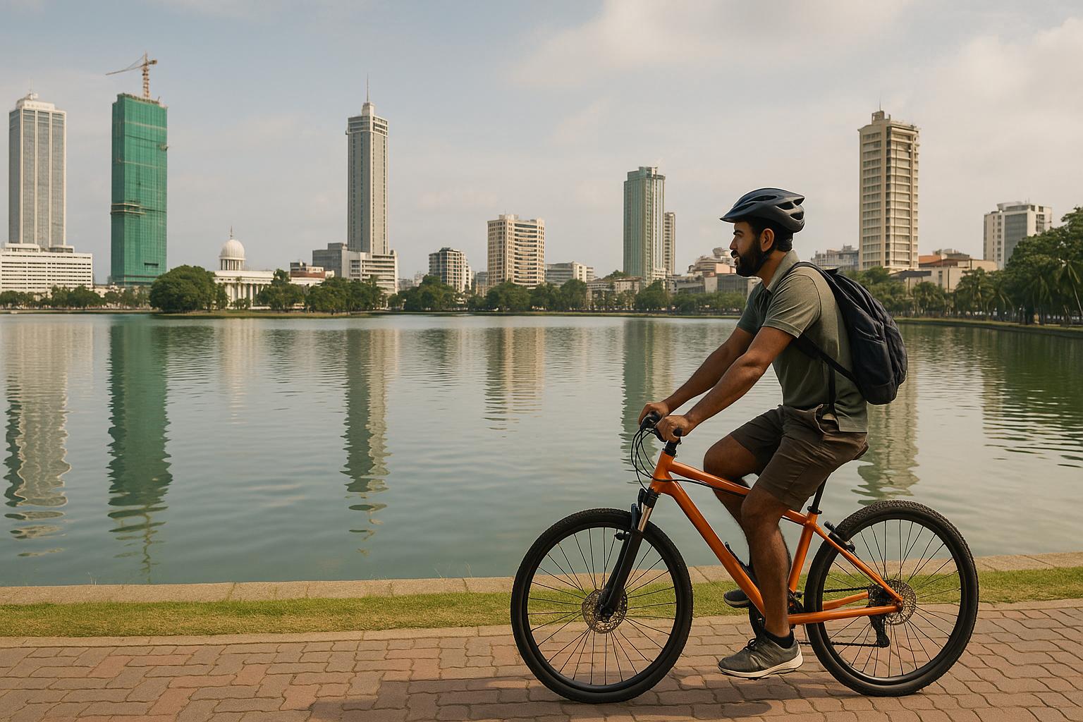 Man riding a bicycle by a lake with a city skyline in the background