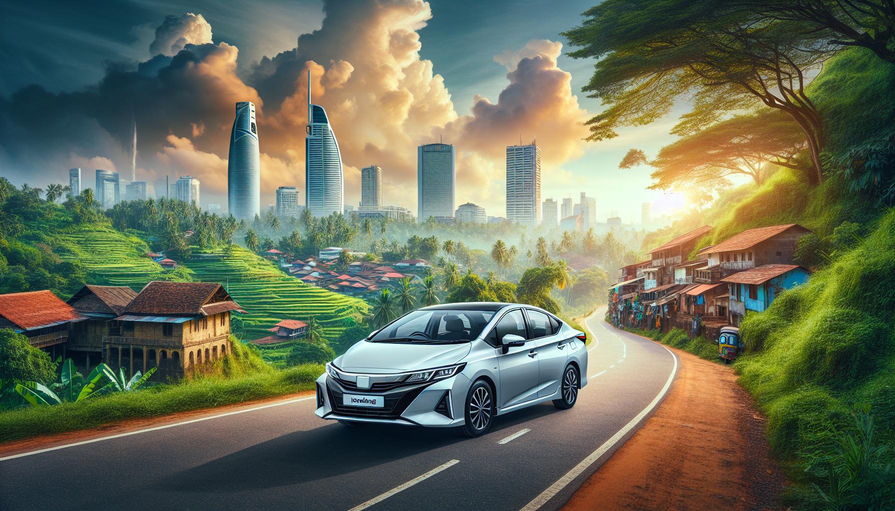 Modern Car on Scenic Road with Urban Skyline and Lush Landscape